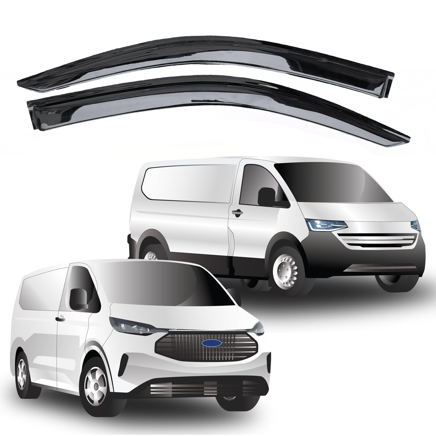 Passend für: Ford Transit Custom 2023+ Windabweiser & VW Transporter T7 (2025+) Scheibenabweiser – 2-teiliges externes Set, getönt, Premium-Aufklebe-Windabweiser für Fahrer und Beifahrer, Reduzierung