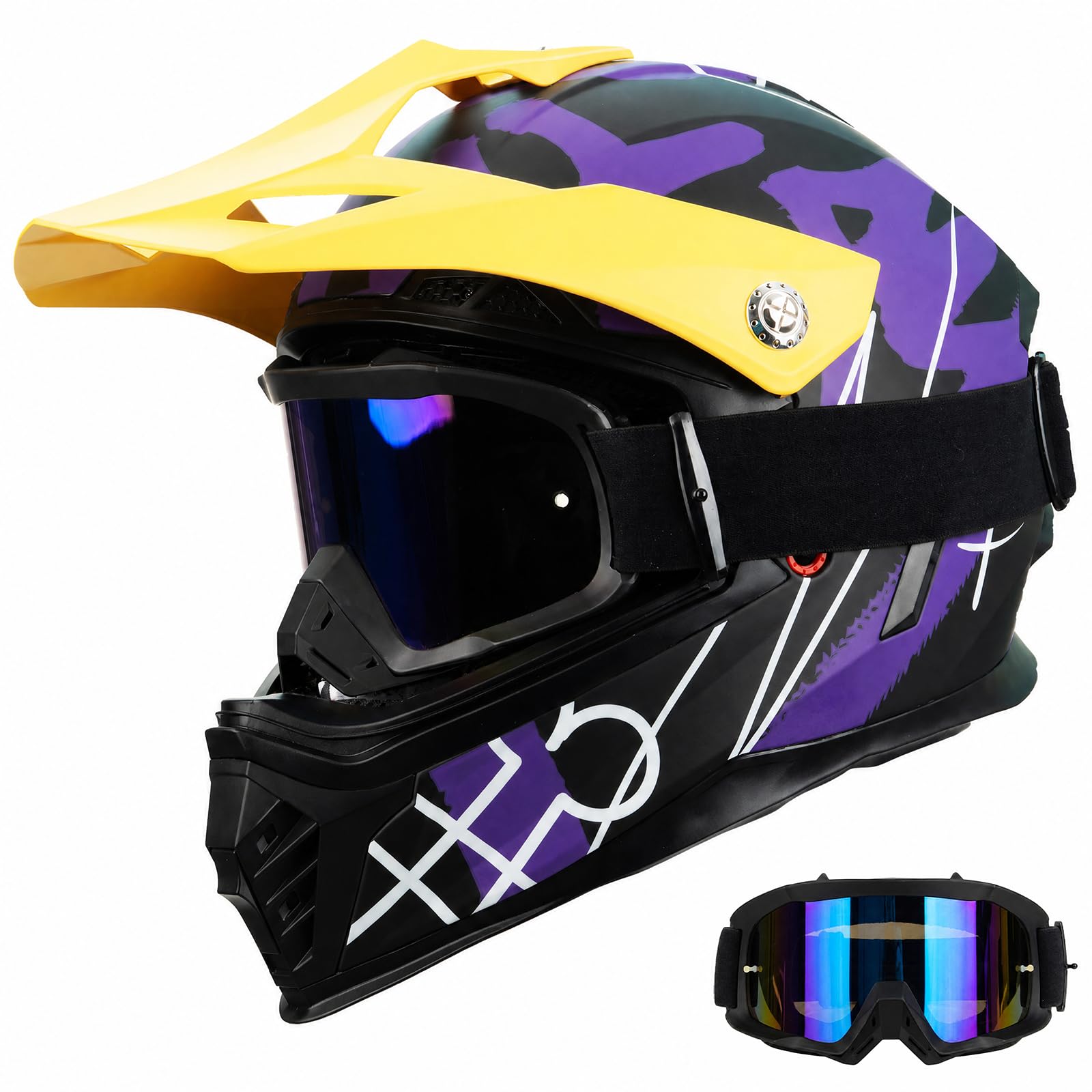 Favoto Casco Motocross Bambino con Occhiali – Protezione Professionale ECE 22.06 per Offroad, Cross e Dirt Bike, Viola-Giallo M (51–52 cm)