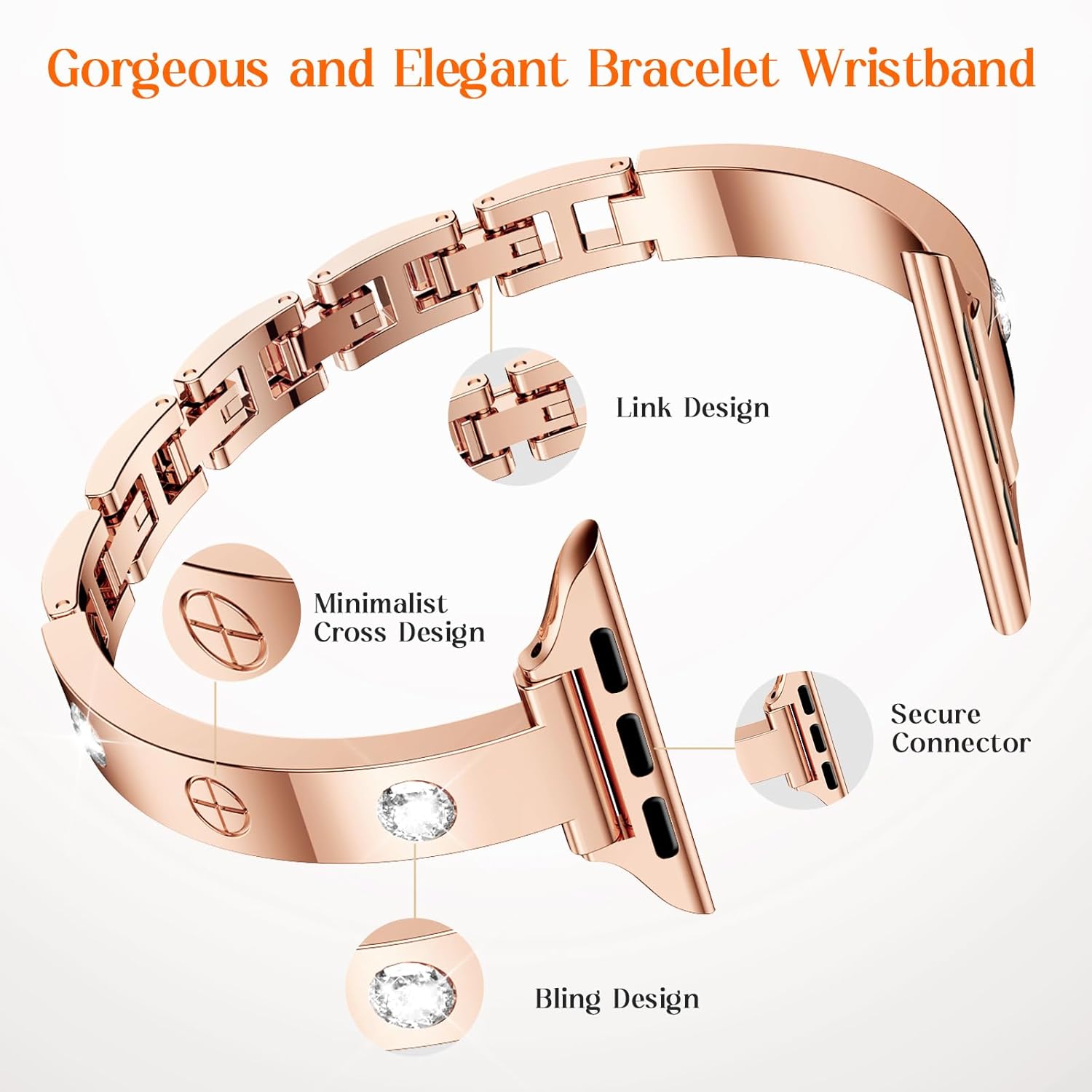 Mosonio Slim Bracelet Band with Sparkly Accents Compatible with Apple Watch Bands 46mm 45mm 44mm 49mm 42mm(Series 3 2 1)/ 38mm 40mm 41mm 42mm(Series 11 10) for Women, Stylish Adjustable Link Thin Metal Strap for iwatch Ultra Series 11 10 9 8 7 6 5 4 SE 3 2 1 - Image 4