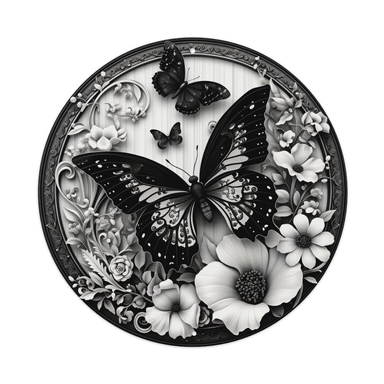Butterfly Floral Ornate Black White Round Tin Sign Vintage Metal Poster, Home Bar Garage Man Cave Cafe Indoor & Outdoor Wall Decoration 8x8Inches