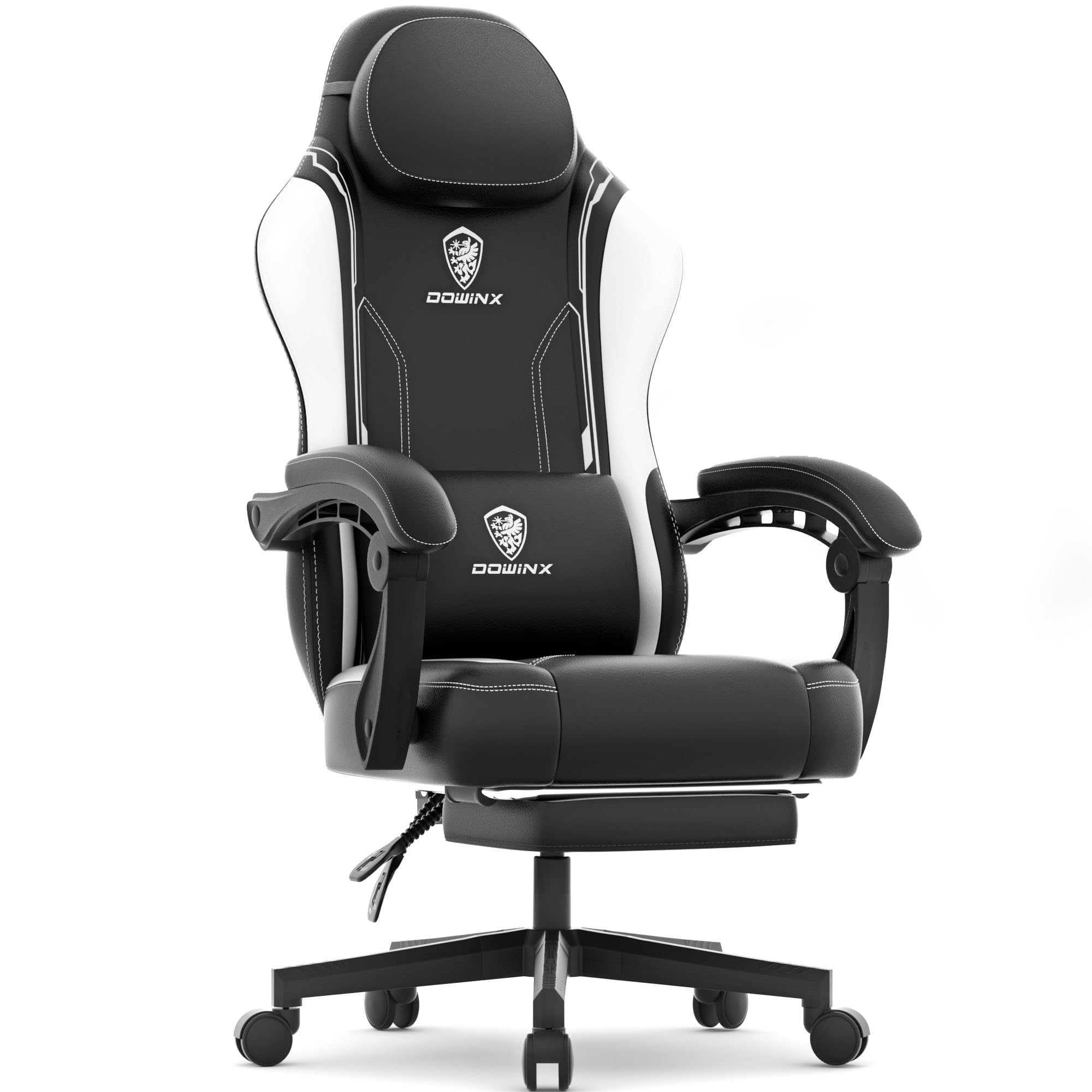 Dowinx Silla de gaming Racing Gamer con cojín de primavera, sillón ergonómico para gaming con masaje lumbar, silla de oficina de cuero PU silla PC silla respaldo ancho 150 kg, blanco
