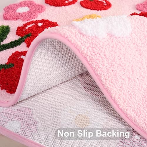 Miniatura 5 de Anybar Alfombra de baño rosa, bonita alfombra de baño de cerezas, accesorios de baño, divertida alfombra de flores, antideslizante, lavable a