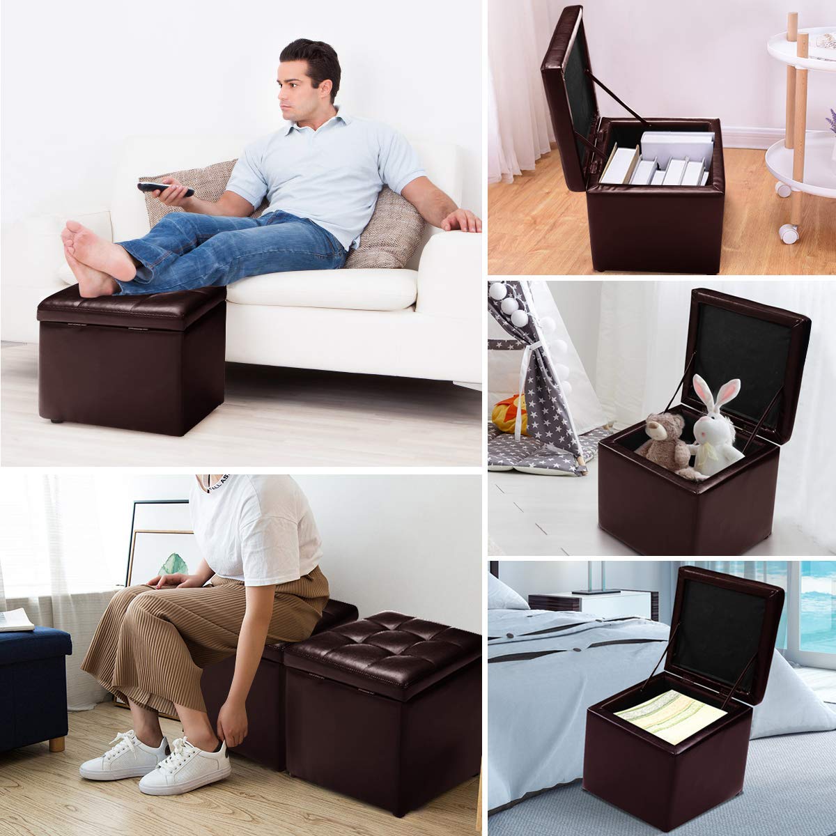 COSTWAY Baul Almacenaje Dormitorio, Puff Almacenaje Plegable 40x40x40cm, Puff Banco con Almacenaje con Capacidad de 300 kg, Reposapiés Sofa para Sala de Estar, Dormitorio, Entrada, Marrón