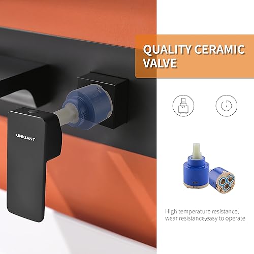 Miniatura 3 de Grifo de baño de montaje en pared en cascada, grifo de lavabo con boquilla de cascada, grifo de latón negro mate ajustar la temperatura para el