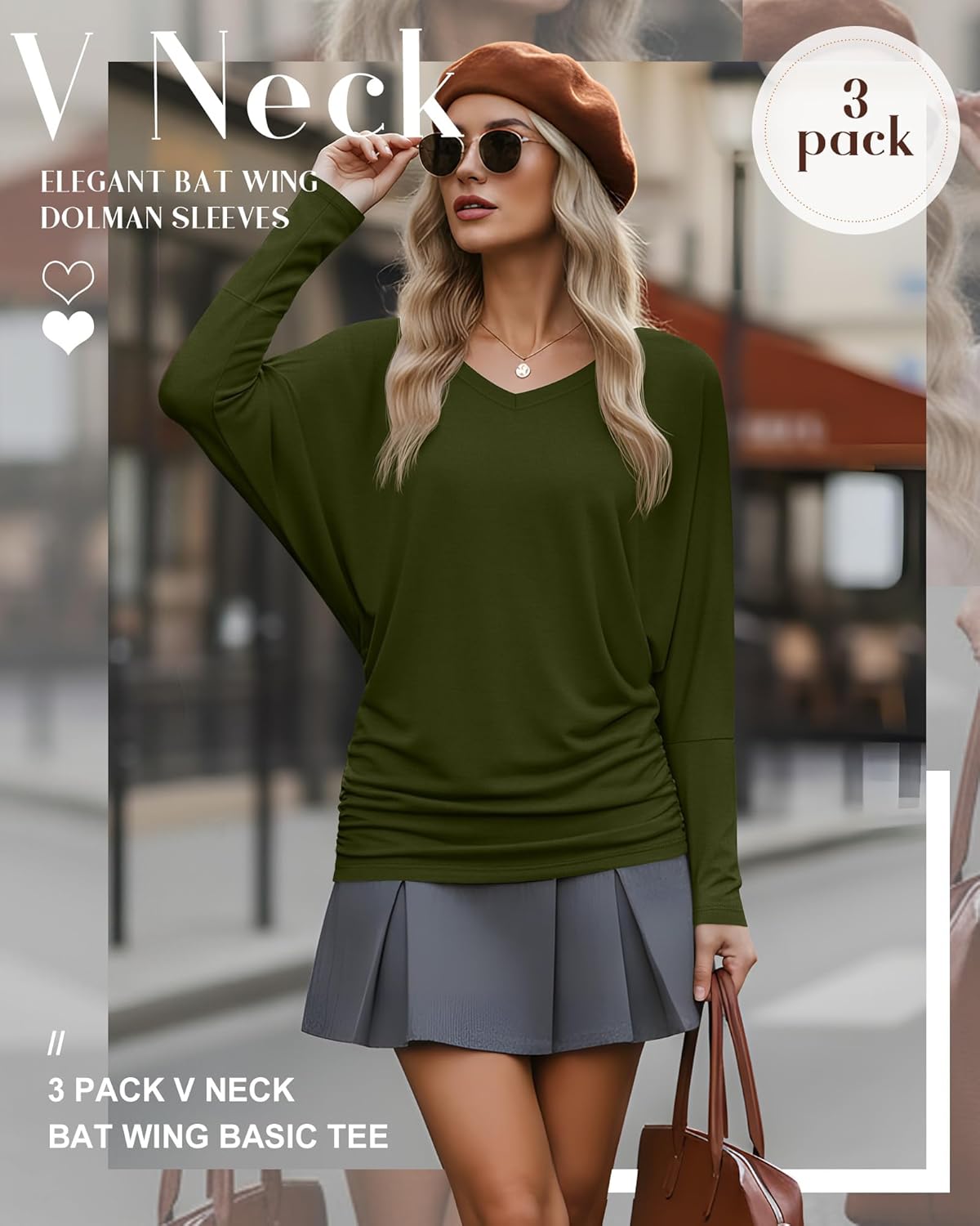 3 Pack Women's Dolman Long Sleeve Tops Casual Flowy Draped Side Ruched Shirts V Neck Lightweight Bat Wing Basic Tee - Image 3