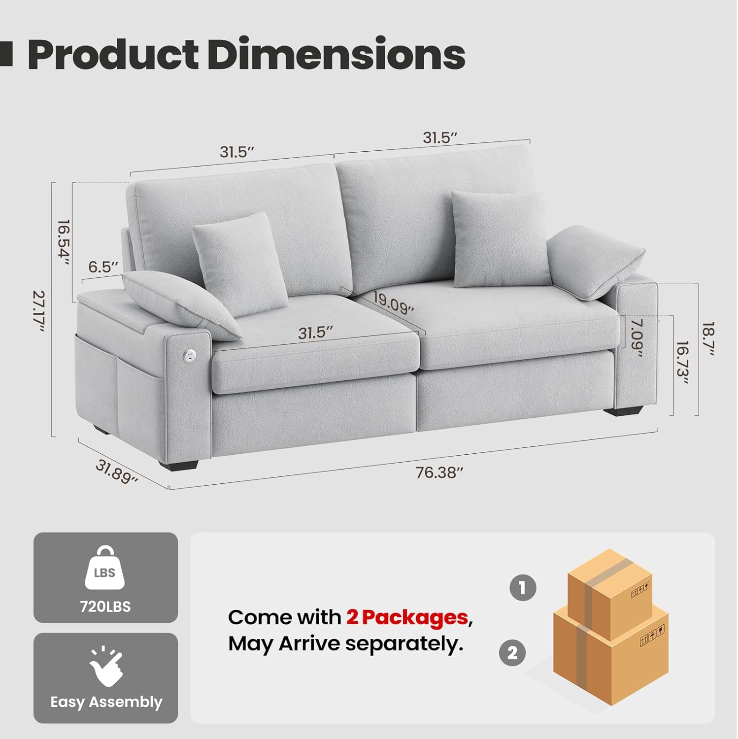 76" Modern Sofas for Living Room, Comfy Loveseat Sofa with Deep Seat Couch, USB/Type-C Port, Side Storage, Removable Cover, Small Couches for Living Room, Light Grey - Image 2