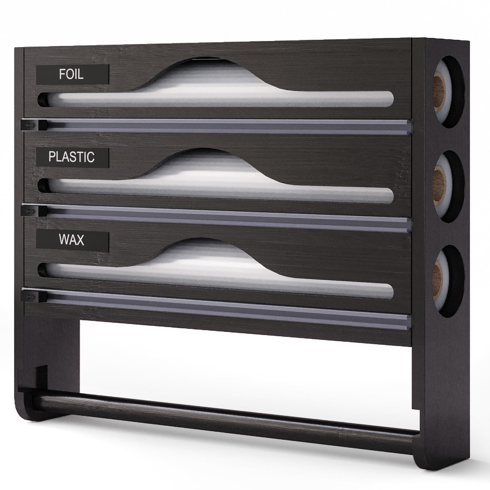 Porte-rouleau de cuisine 3 en 1 en bambou pour film plastique et feuille d'aluminium – Distributeur mural d'essuie-tout avec cutter précis de 30 cm