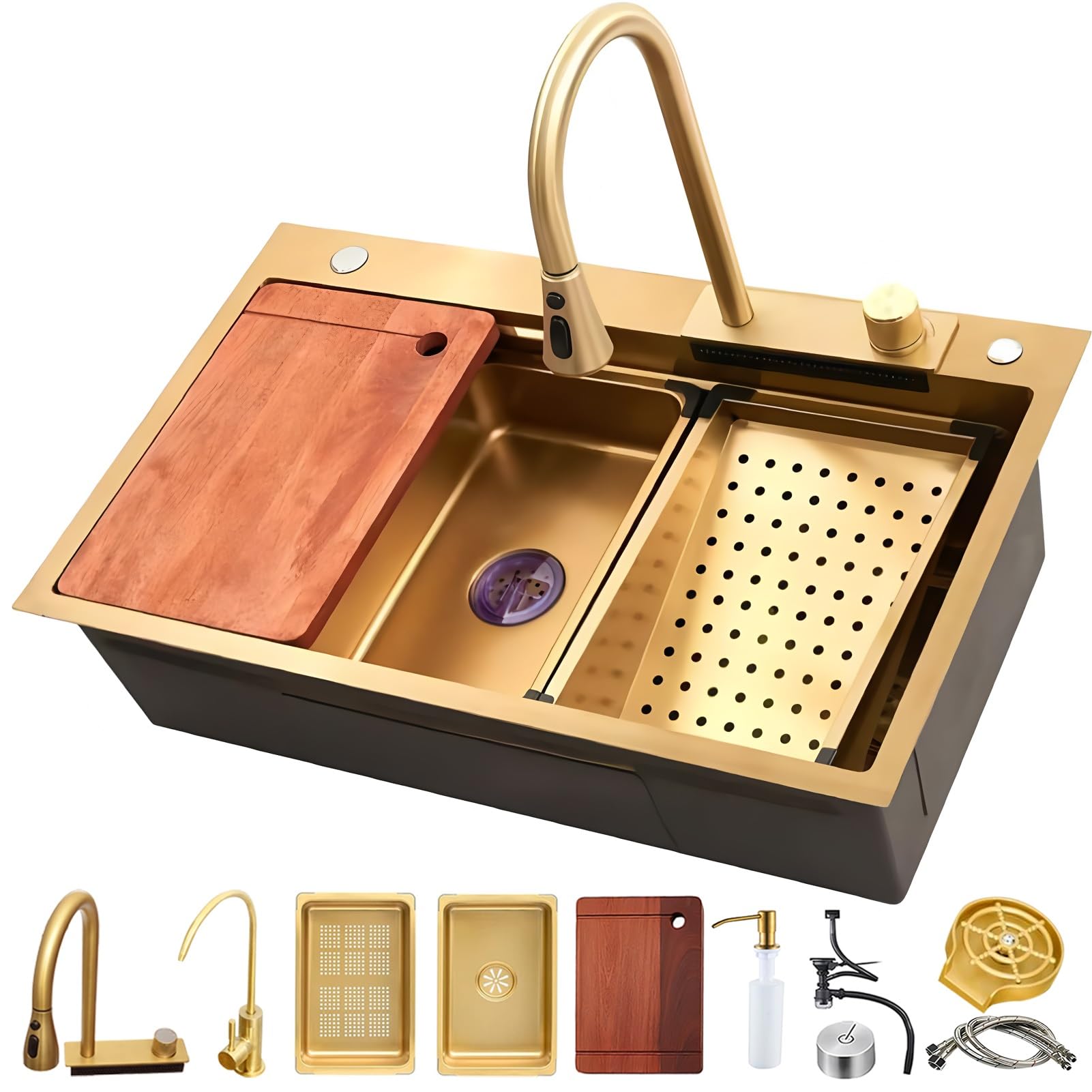 HYSOPSPX Stainless Steel Waterfall Kitchen Sink - Large Single Bowl, Multifunctional Topmount Bar with Integrated Faucet & Complete Accessories(Gold,80x50cm)