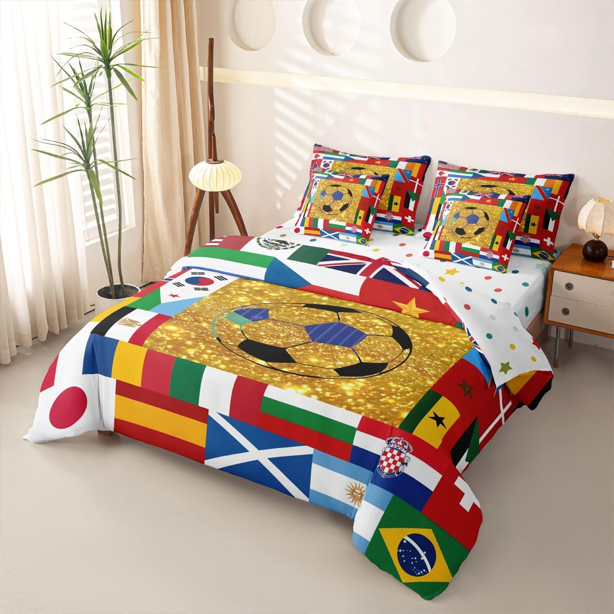 Loussiesd Set di biancheria da letto con copripiumino singolo con lenzuola, per bambini, ragazzi e ragazze, set di biancheria da letto in una borsa, 7 pezzi, motivo: calcio mondiale di calcio 2026