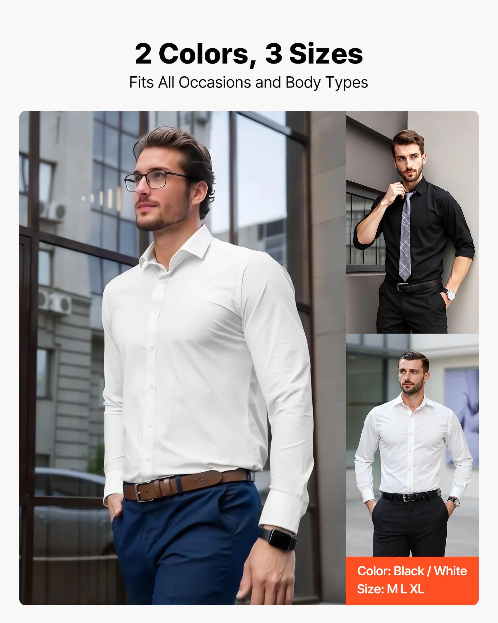 VEVOR Chemise Boutonnée Homme Manches Longues Infroissable, Coupe Ajustée, Tissu Respirant Extensible Doux, Style Décontracté ou Formel, pour Voyage d'Affaire, Travail, Mariage, Dîner, Blanc, Taille L