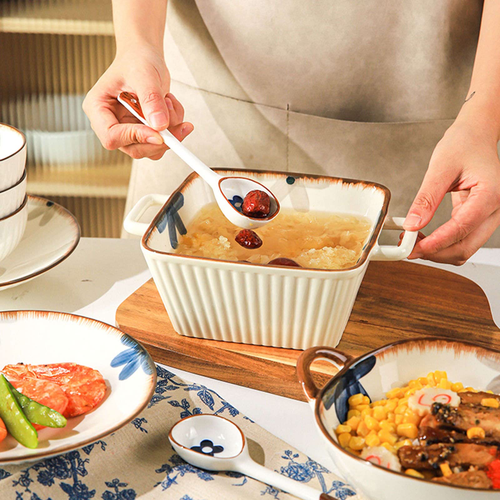 Zestaw ceramicznych misek do zupy i sałatki, nadają się do kuchenki mikrofalowej, miski Udon i Ramen, duży, prostokątny design, do Pho, wszechstronne naczynia kuchenne, 22 x 18 x 8 cm