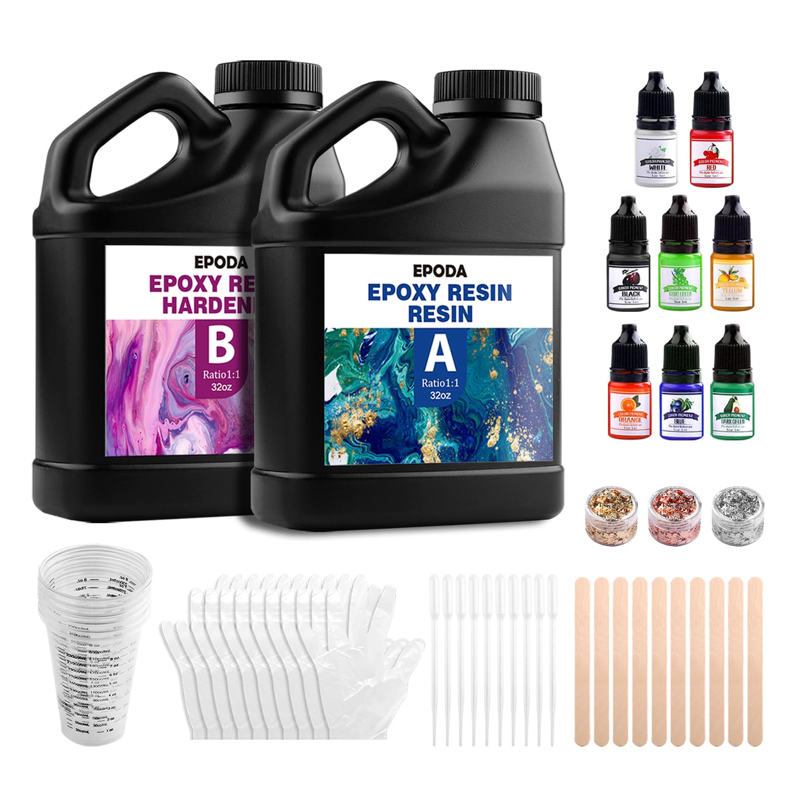 EPODA 64oz/1.9L Epoxy Resin Kit and Hardener, Bubble Free Casting, Clear Resin for Crafts with Measuring Cups, Sticks, Gloves, Pigment and Dropper Pipette （1:1）