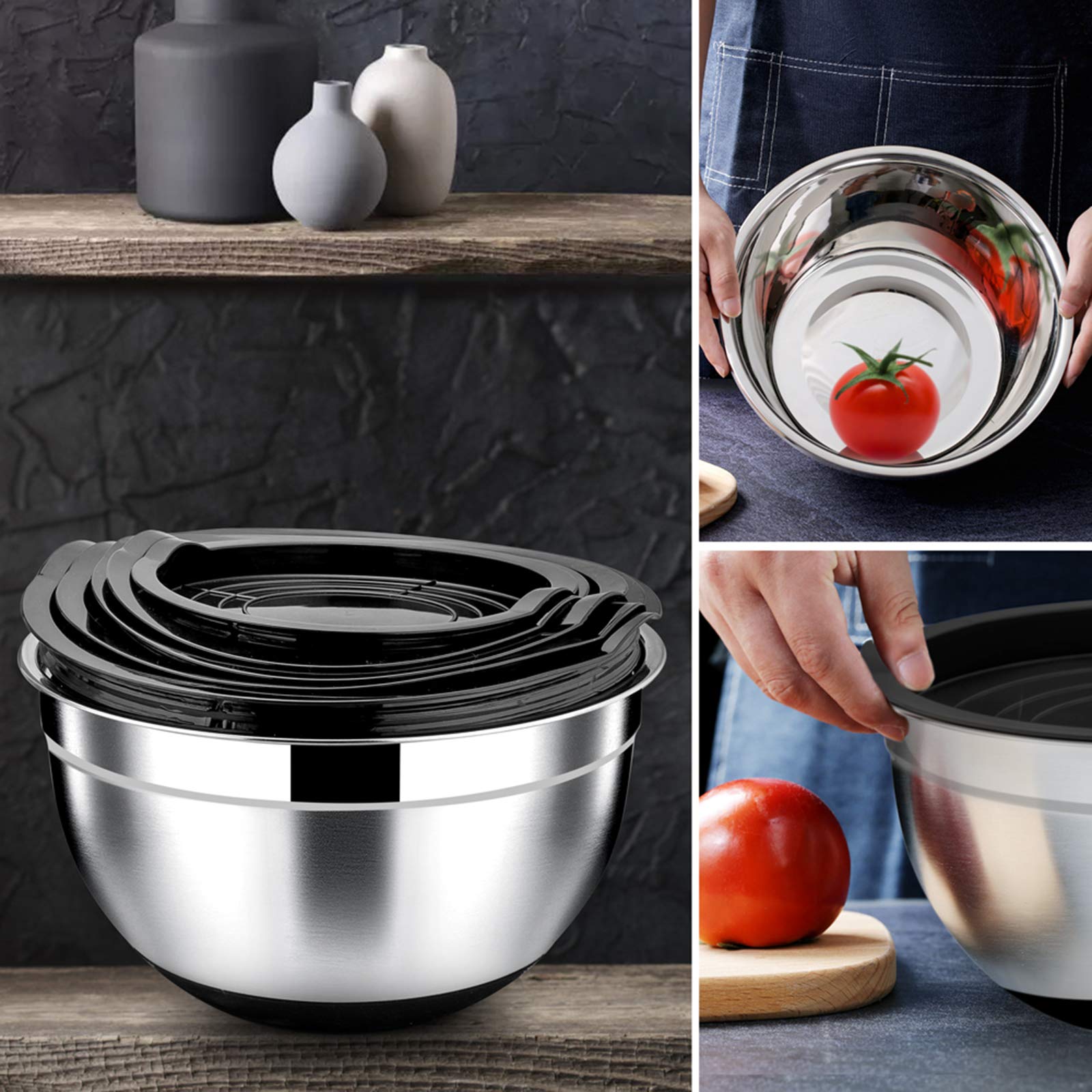 Set Di 5 Ciotole In Acciaio Inox Hossejoy Con Coperchi Ermetici Colorati E Fondo Antiscivolo, Misure Da 1,5 A 8 Qt, Impilabili, Per Mescolare E Conservare