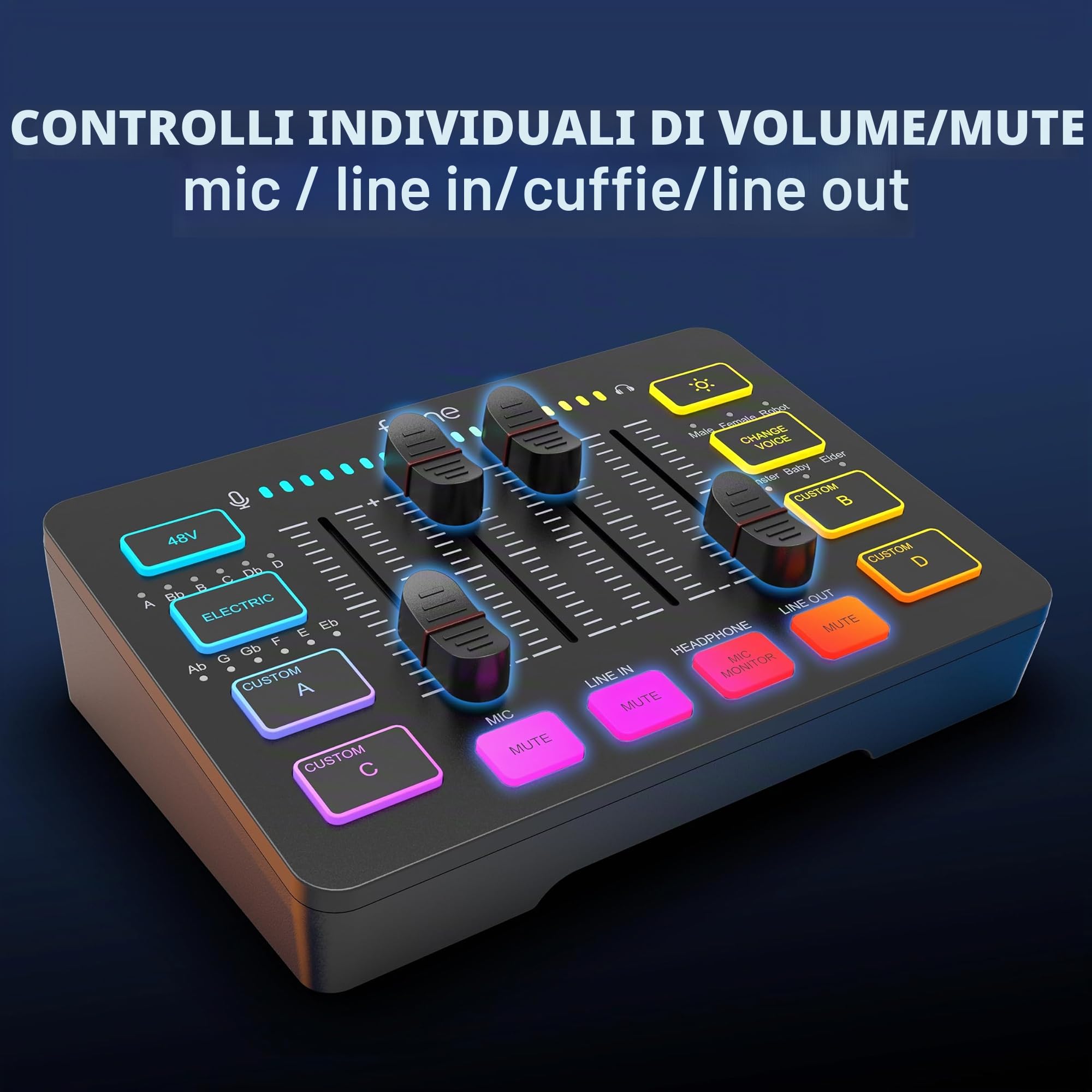 FIFINE Mixer Audio PC con Interfaccia XLR, RGB Streaming Gaming Audio Mixer, Controllo Individuale, Regolatore di Volume, Pulsante di Muto, Alimentazione Phantom 48V