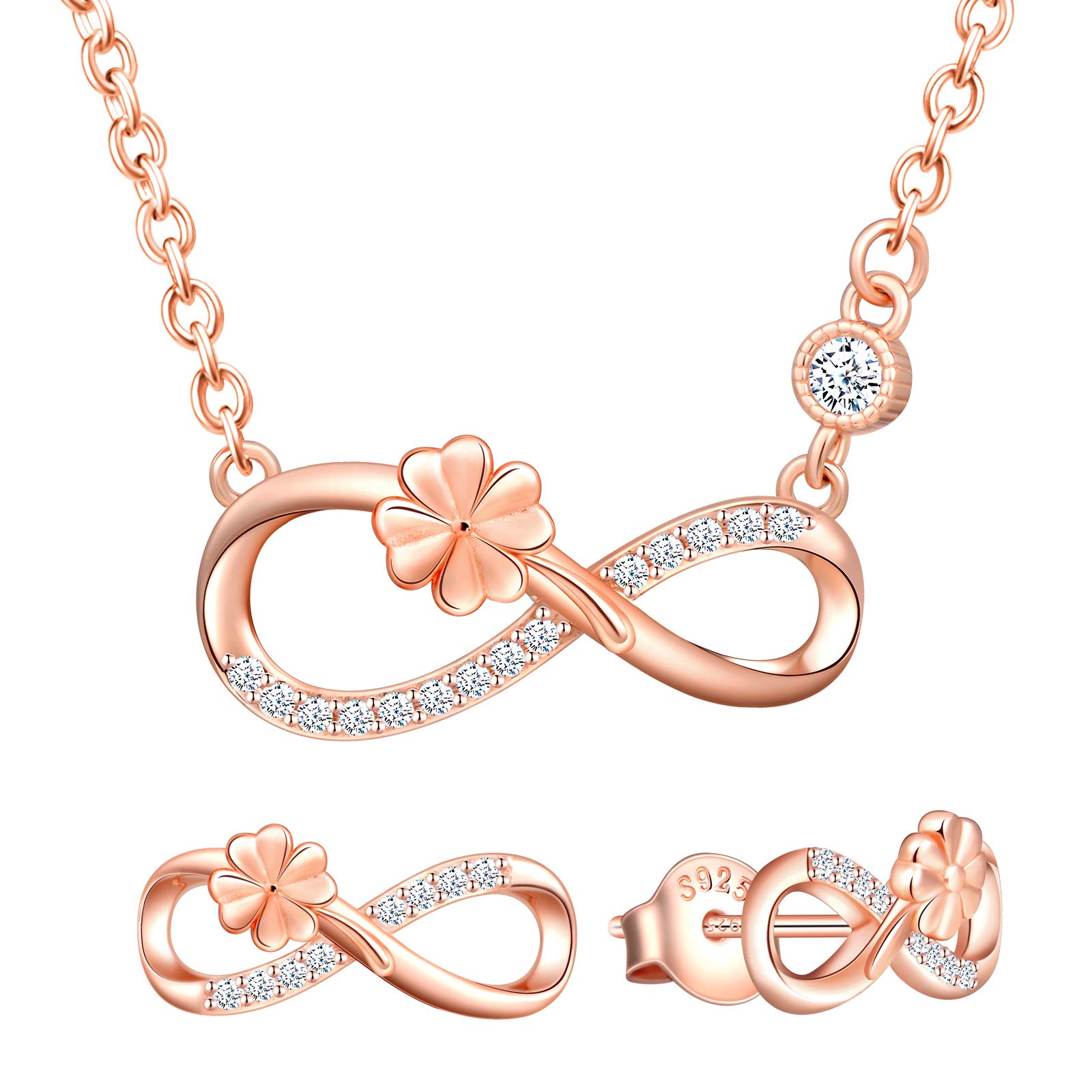 Yumilok Conjunto de collar y pendientes, collar con colgante de trébol de plata 925 y símbolo de infinito y pendientes, joyería para mujeres y niñas, incrustaciones de circonita cúbica