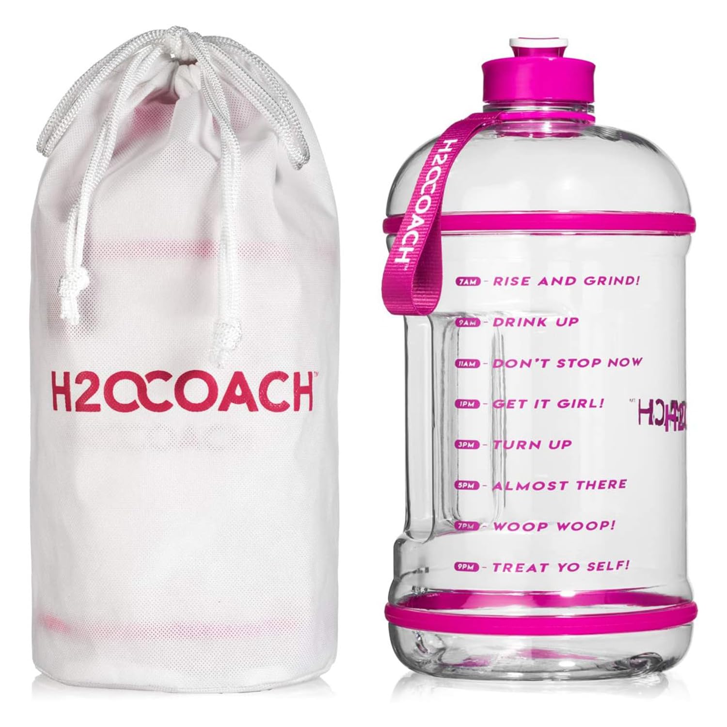 H2OCOACH 1 Gallon Hydration Jug with Time Marker & Measurements, BPA-Free Tritan Sports Drink Container, Motivational Daily Intake Tracker for Gym, Workout, & Fitness Routines (128 oz, Pretty N Pink)