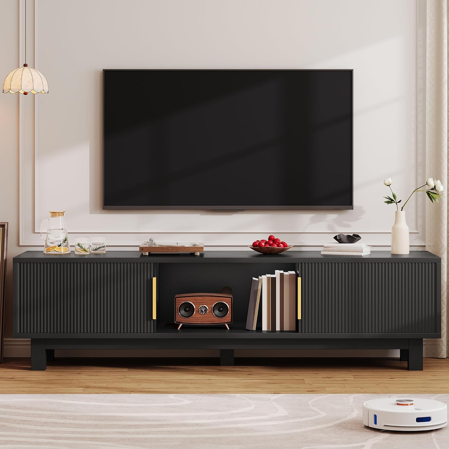 YITAHOME Fluted TV Stands for TVs up to 65 Inches, Entertainment Center with Power Outlets & Storage Compartments, 59" Long Wooden TV Console for Living Room Bedchamber - Image 6