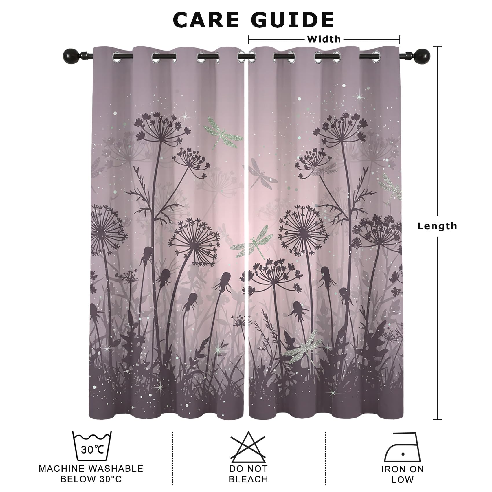 Lila Pusteblume Libelle Vorhänge Blickdicht Wohnzimmer Romantisch Blumen Motiv Vorhang mit ösen Gardinen 175 cm Hoch 2er Set Verdunklungsvorhänge für Schlafzimmer Fenster