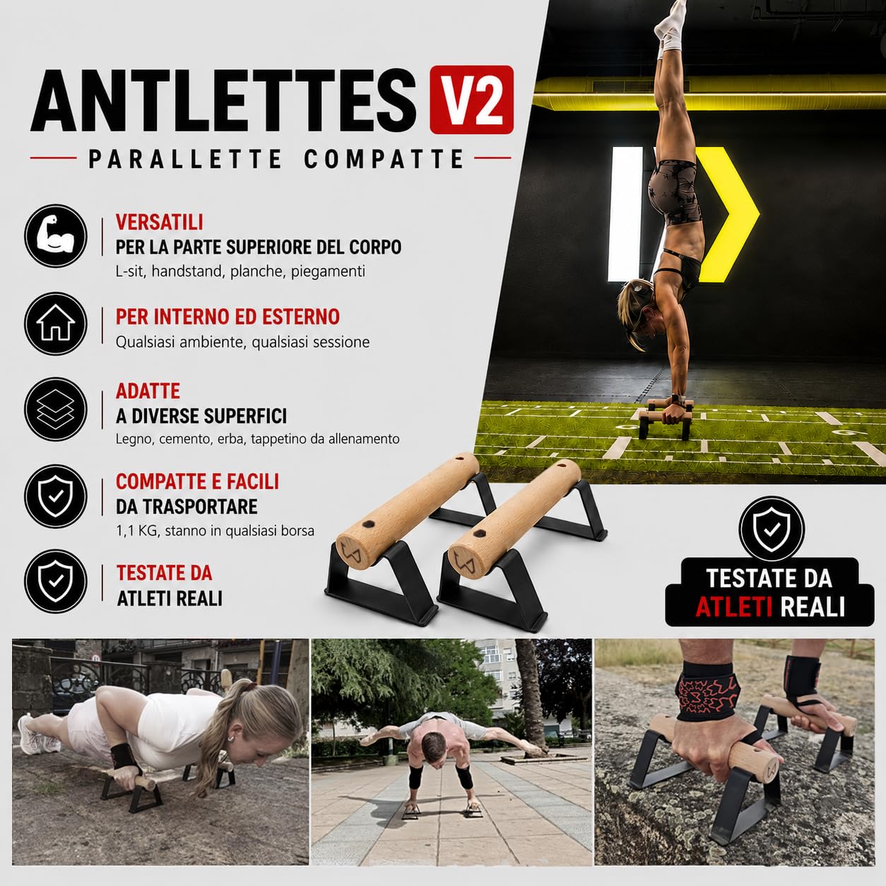 Parallele da Calisthenics Antlettes V2 in Legno e Acciaio | Parallettes Antiscivolo per Push Up, Handstand, L-Sit e Planche | Allenamento a Corpo Libero