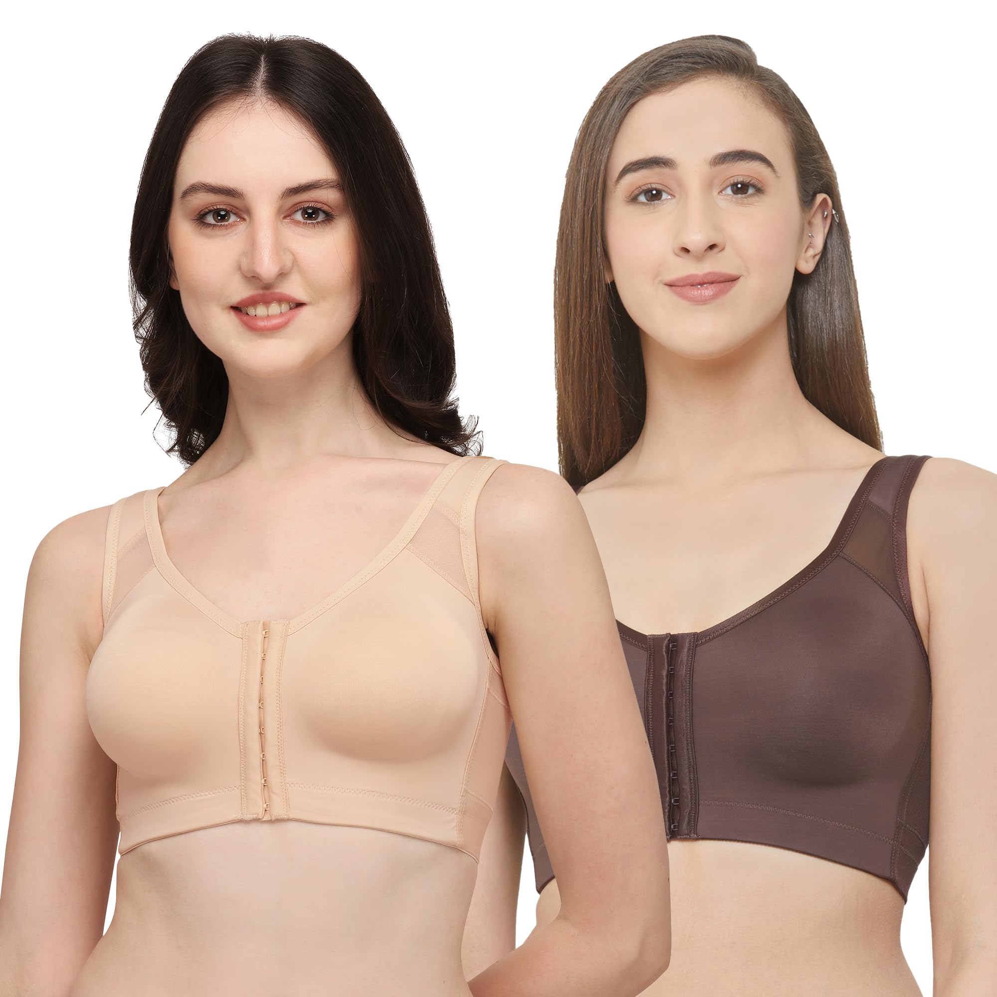 SOIE Women's Front Closure Full Coverage Non Padded Non Wired Posture Correction Bra Pack of 2