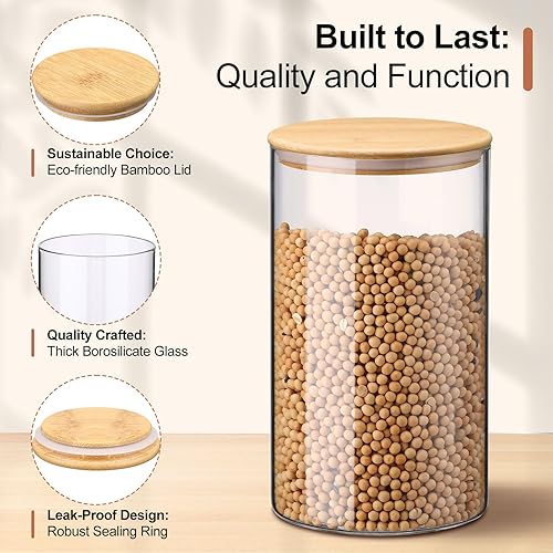 Miniatura 3 de LemonRoad Paquete de 5 tarros de almacenamiento de vidrio herméticos con tapas de bambú de 152 onzas, 61 onzas, 46 onzas, 25 onzas, 19 onzas,
