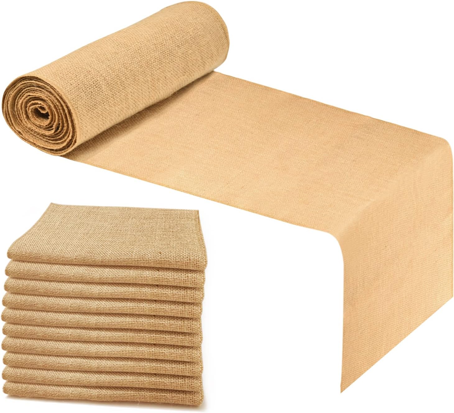 ANQLRMD10 Pack Burlap Table Runners Bulk (12 x 108inches Long), Runner for Wedding, Party Table Decorations, Boho Décor - Natural Rustic Jute Burlap Runner for Table
