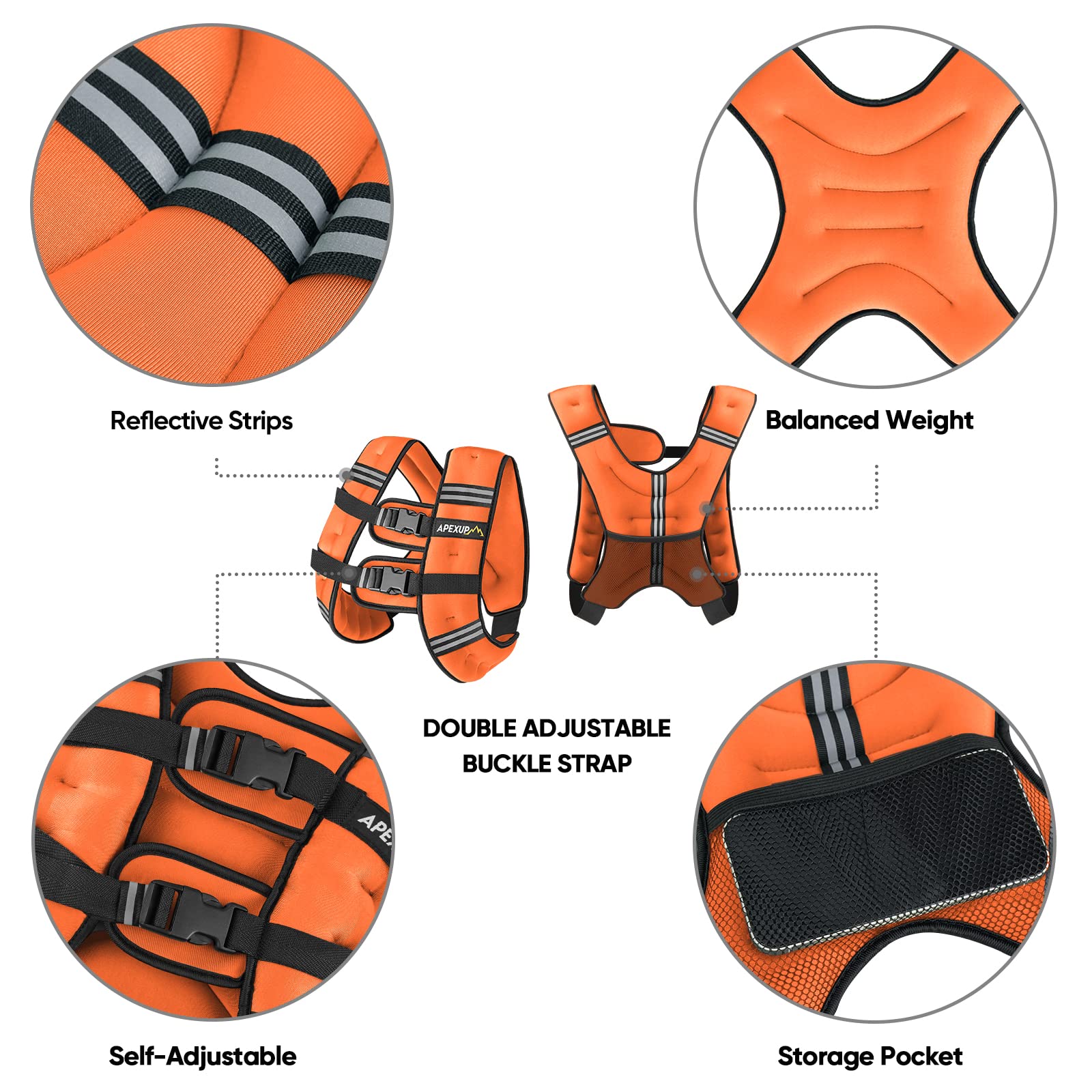 APEXUP Weighted Vest Men 15lbs Weights with Reflective Stripe, Weighted vest for Women Workout Equipment for Strength Training Running (Orange)