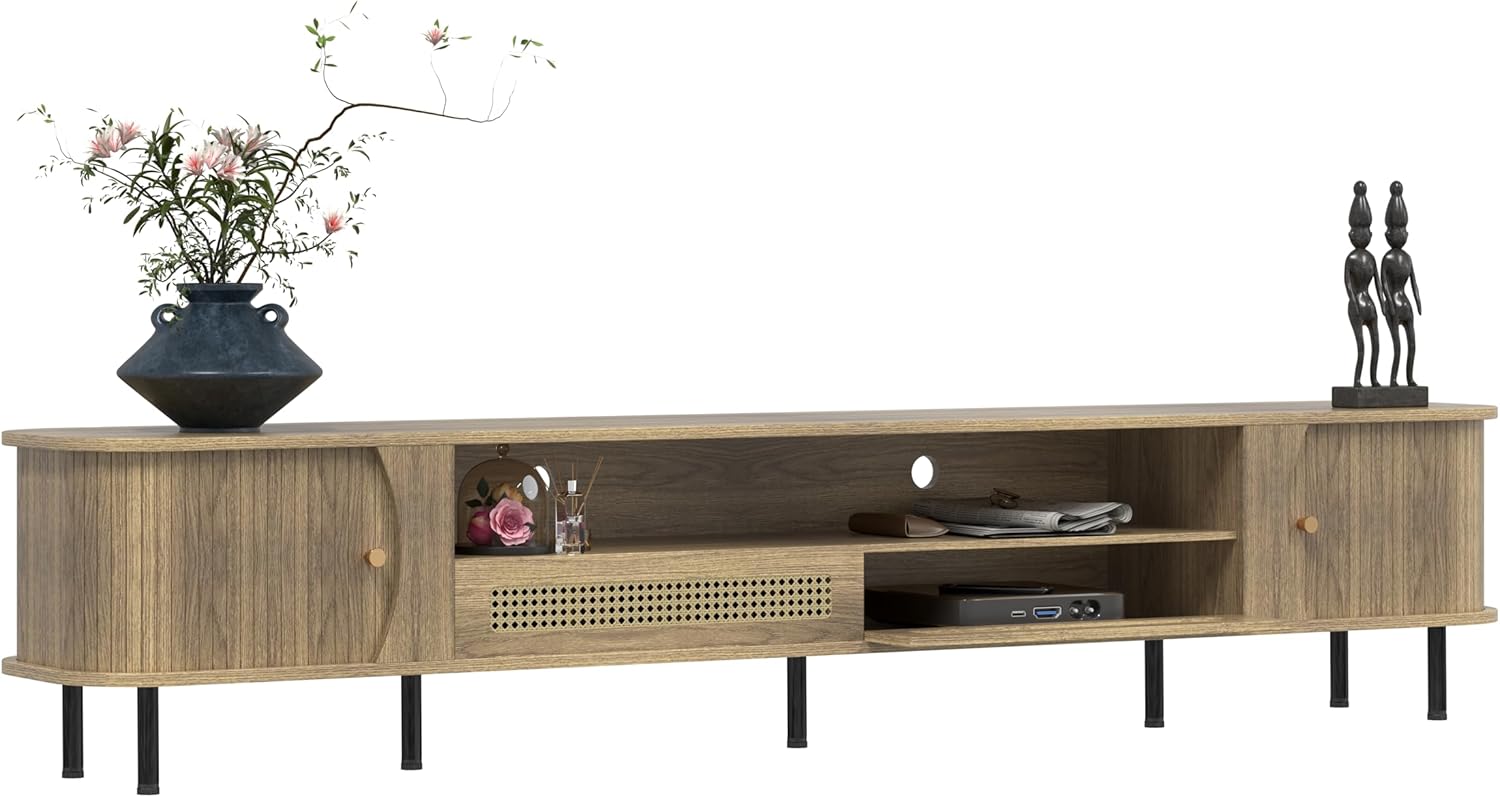 basenji 94" Mid Century Modern Fluted TV Stand, Entertainment Center, Sideboard,TV Stands for Living Room to 100",Media Console for Bed Room,Oak