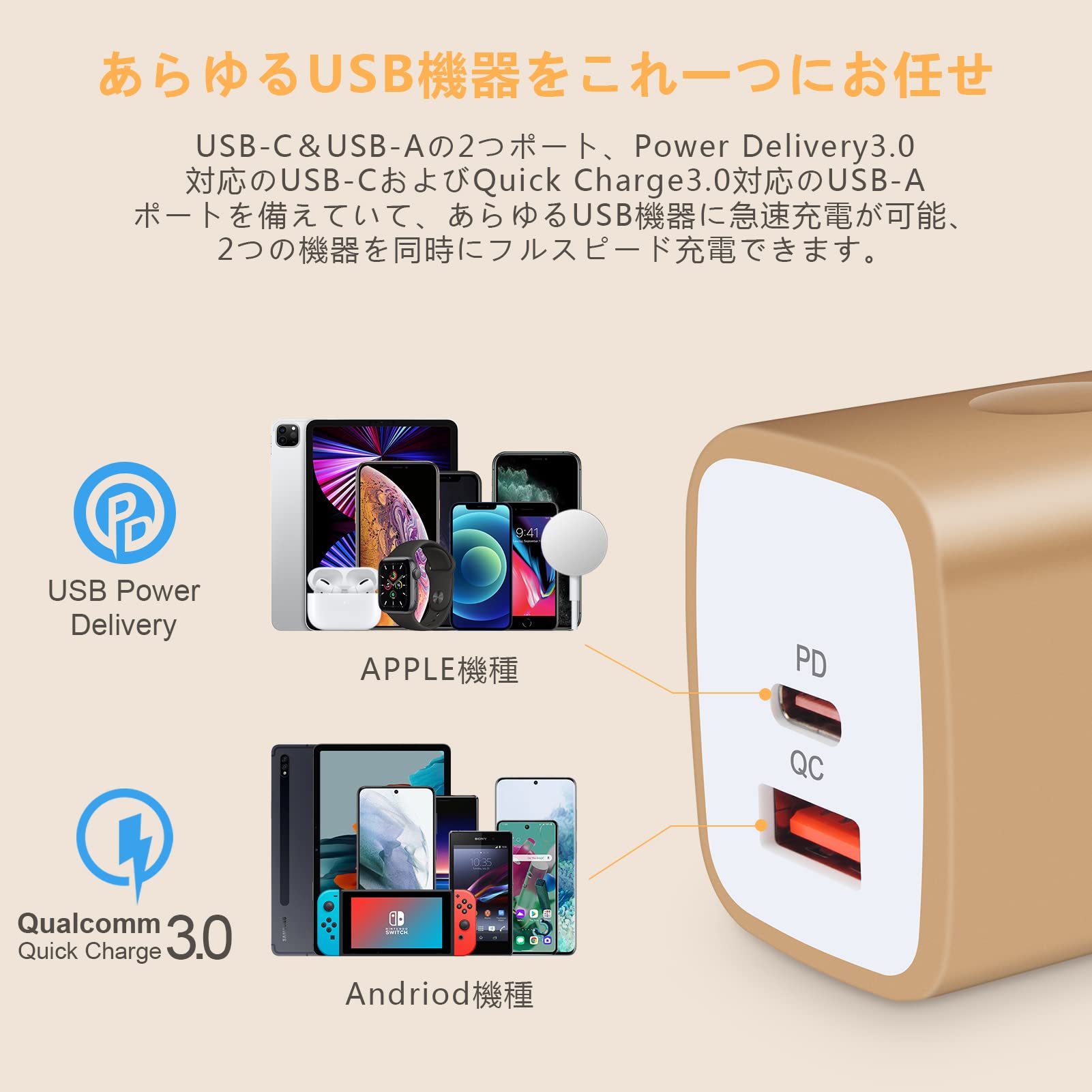 Amazon | USB-C電源アダプター 20W Type C充電器 2ポートUSB充電器 PD