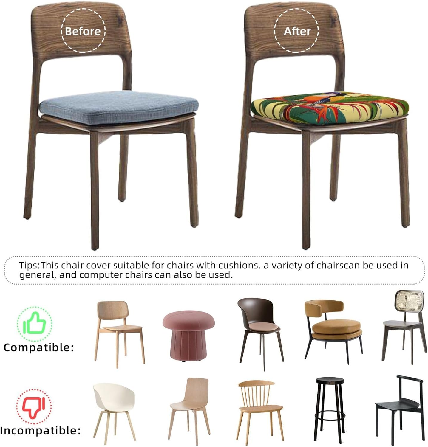 Tropical Bird of Paradise Print Square Cushion Covers 6 Pcs Set Elastic Non-Slip Seat Cushion Slipcovers Pet Furniture Protectors for Chair, Sofa