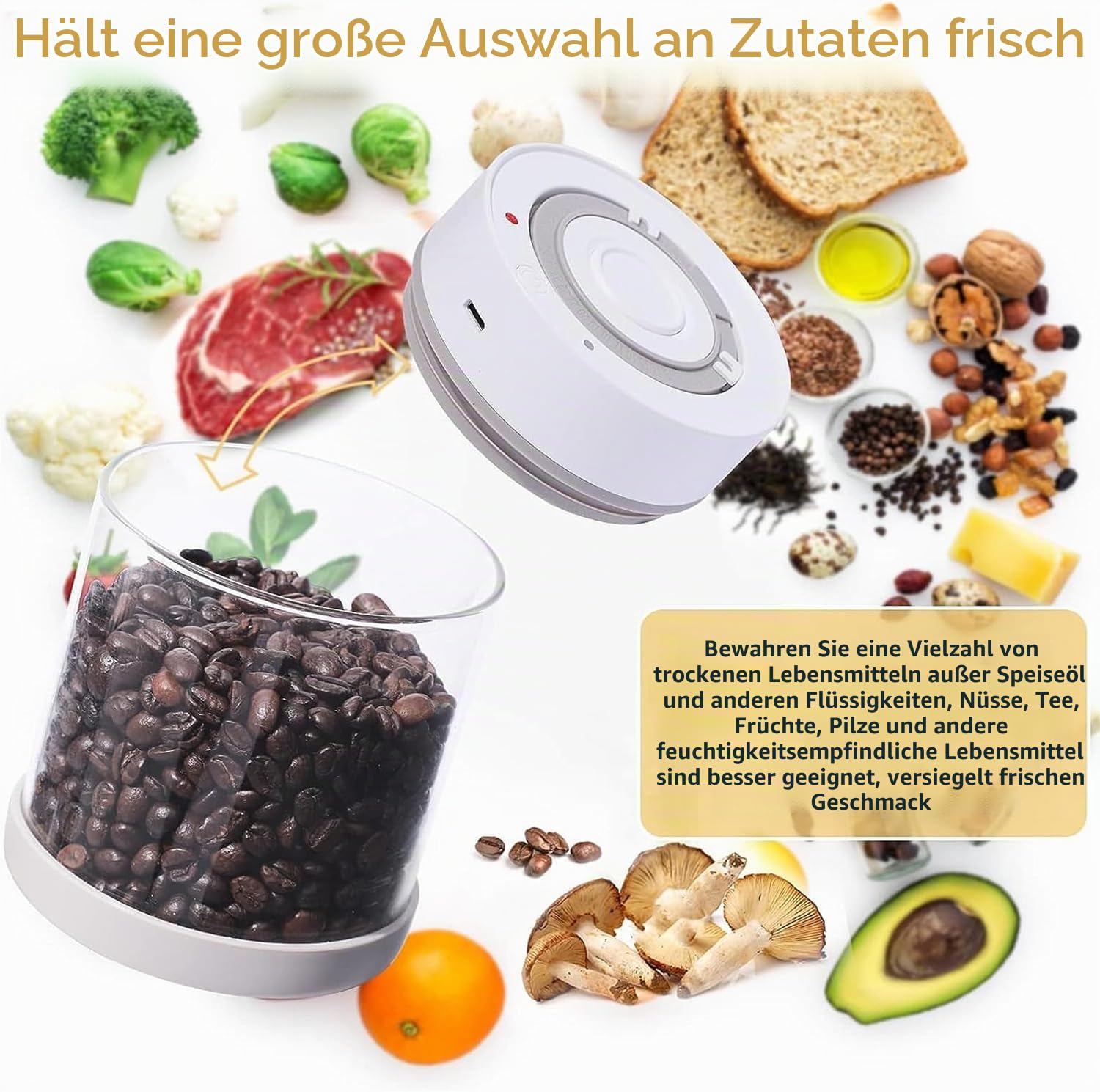 Minidiva Smart Vacuum Container, automatische elektrische luftdichte Glasbehälter für Lebensmittel Kaffee Lagerung Mahlzeit Vorbereitung (1350ml) Weiß