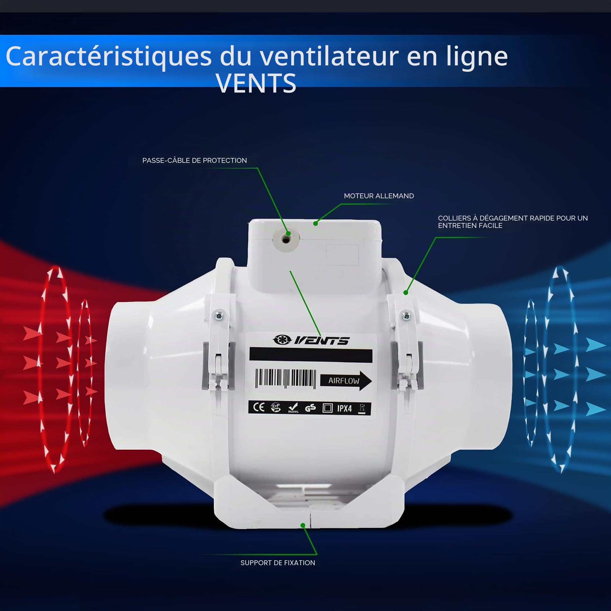 VENTS UK Extracteur d'air en ligne 100 mm diamètre salle bain, douche, plafond, loft, ventilation puissante, contrôle l'humidité, silencieux, en ligne, toilettes, bureau, buanderie VU-TT-100