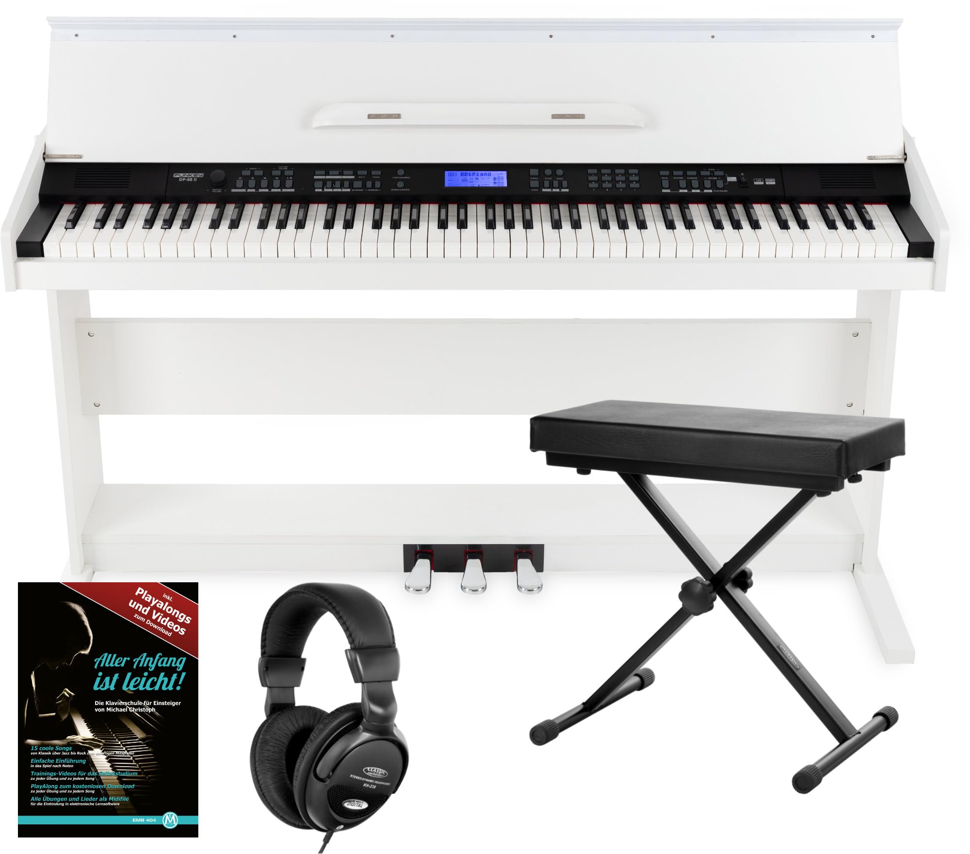 FunKey DP-88 II piano numérique blanc set avec banquette de synthé, casque, méthode d'apprentissage