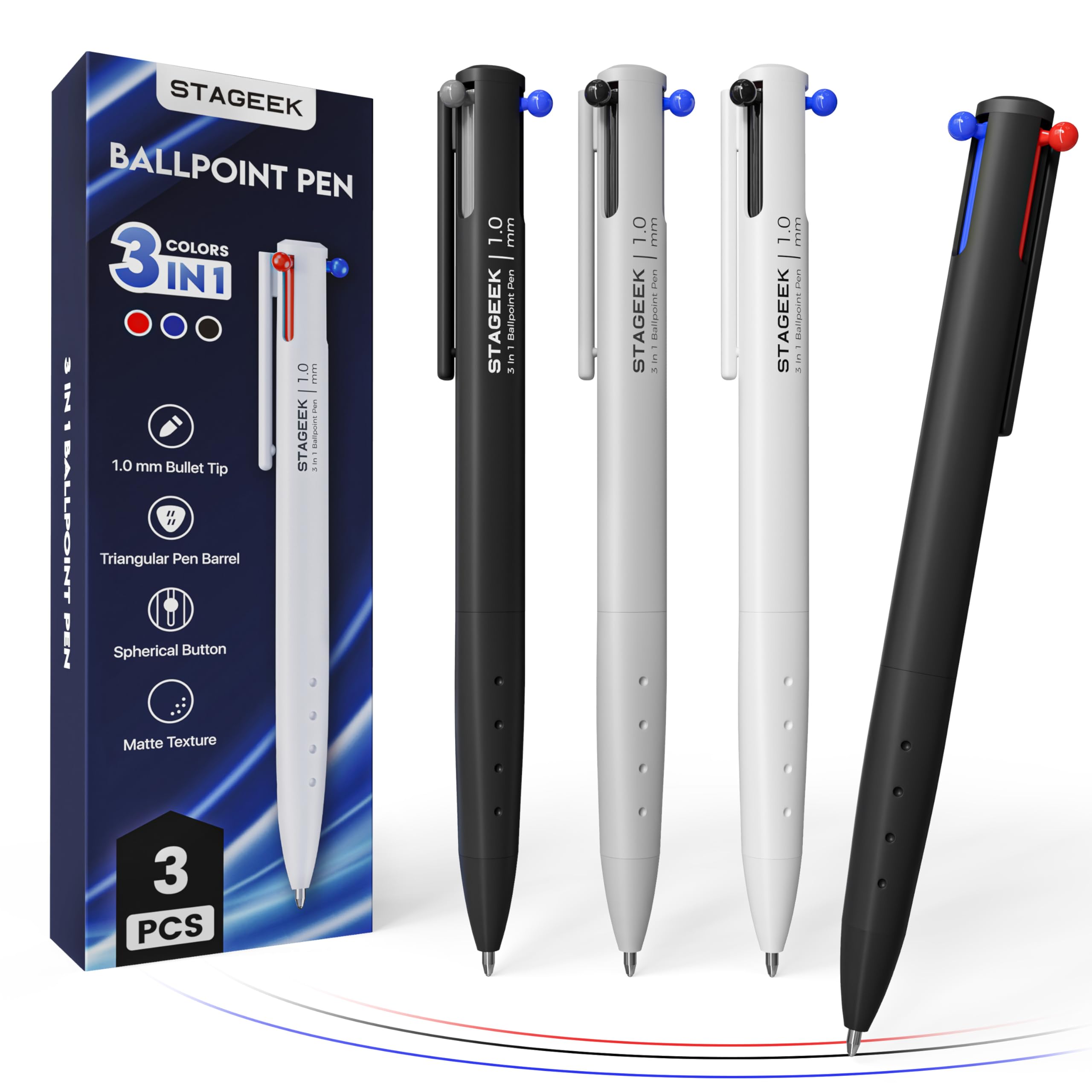 Amazon | STAGEEK 3色油性ボールペン 1.0mm 3本セット 黒 青 赤 | 多色