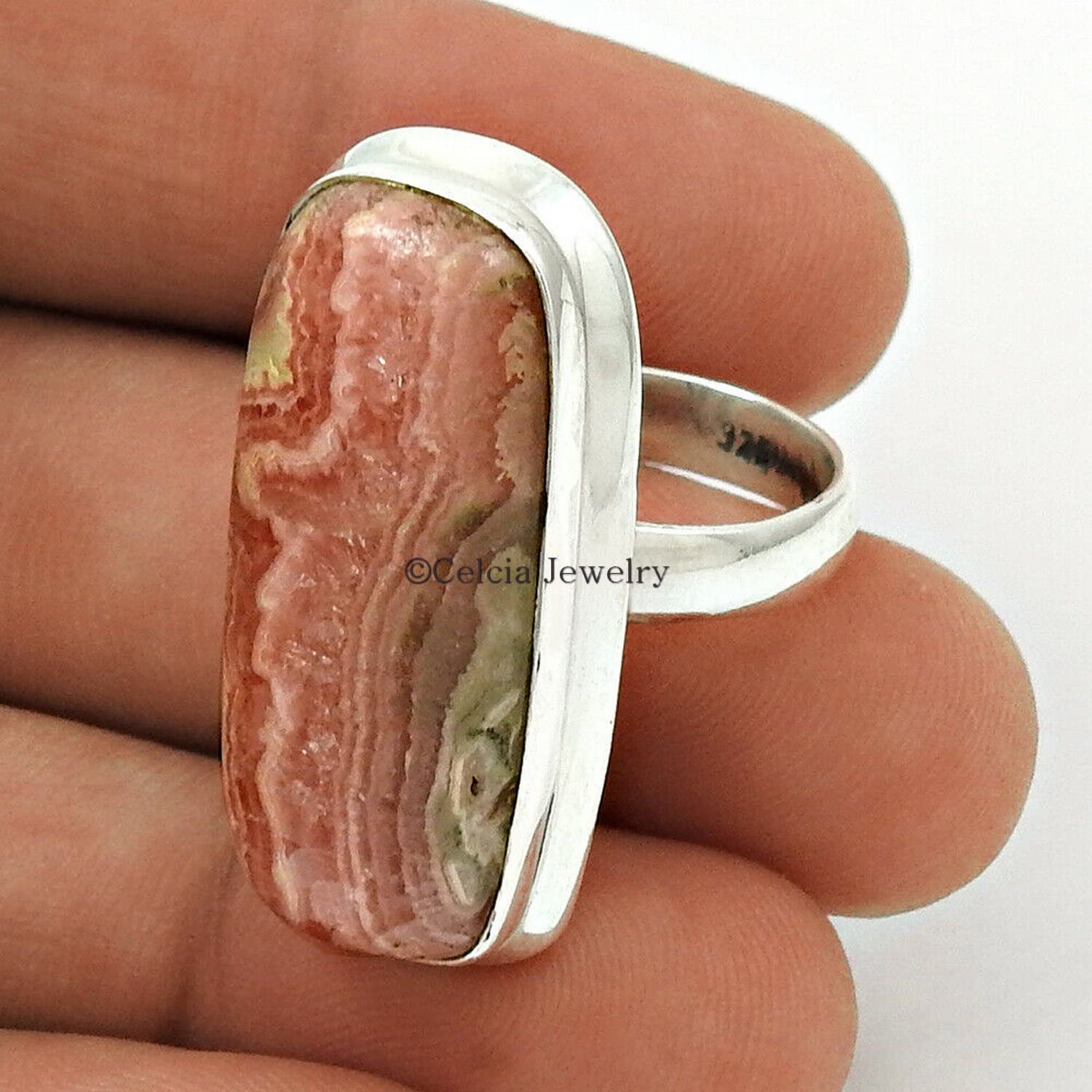 anillo banda hecho a mano con piedras preciosas de rodocrosita natural, anillo bohemio de plata 925 real, regalos de compromiso para parejas, regalos de aniversario para él