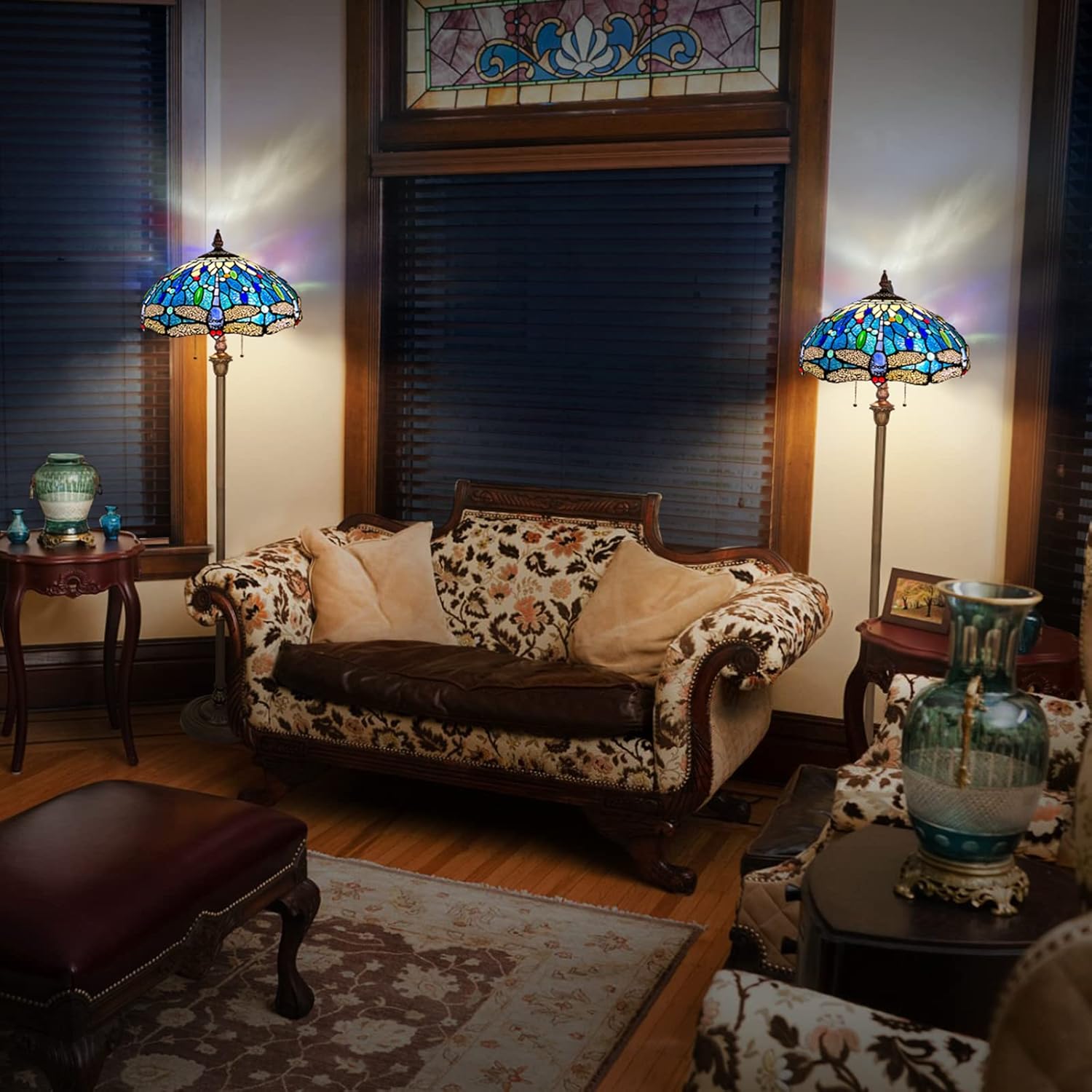 Capulina Tiffany Lamp Stained Glass Floor Lamp 2-Light 63 Inches Tall Industrial Dark Bronze Pole Sea Blue Dragonfly Tiffany Style Standing Lamp for Living Room Bedroom Home Office
