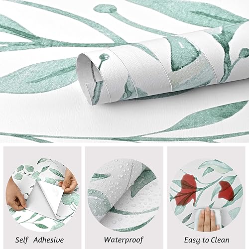 Miniatura 4 de WENMER Papel tapiz floral de hojas verdes, papel tapiz autoadhesivo de 17.7 x 394 pulgadas, papel tapiz autoadhesivo de hojas de acuarela para