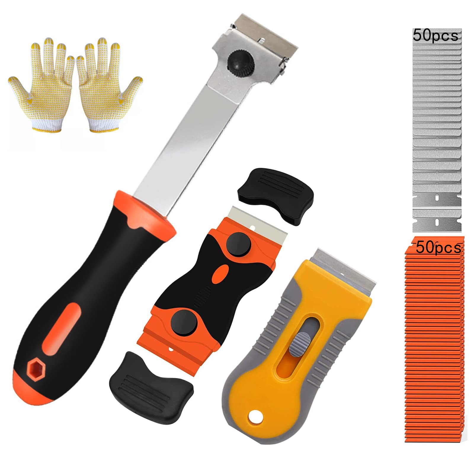 Razor Blade Scraper,Multi-Purpose Razor Scraper Set, Window Scraper, Glass Scraper, Blade Scraper, Paint Scraper, Oven Scraper- Extendable-Handle Design,(Extra 50 Metal and 50 Plastic Blades)