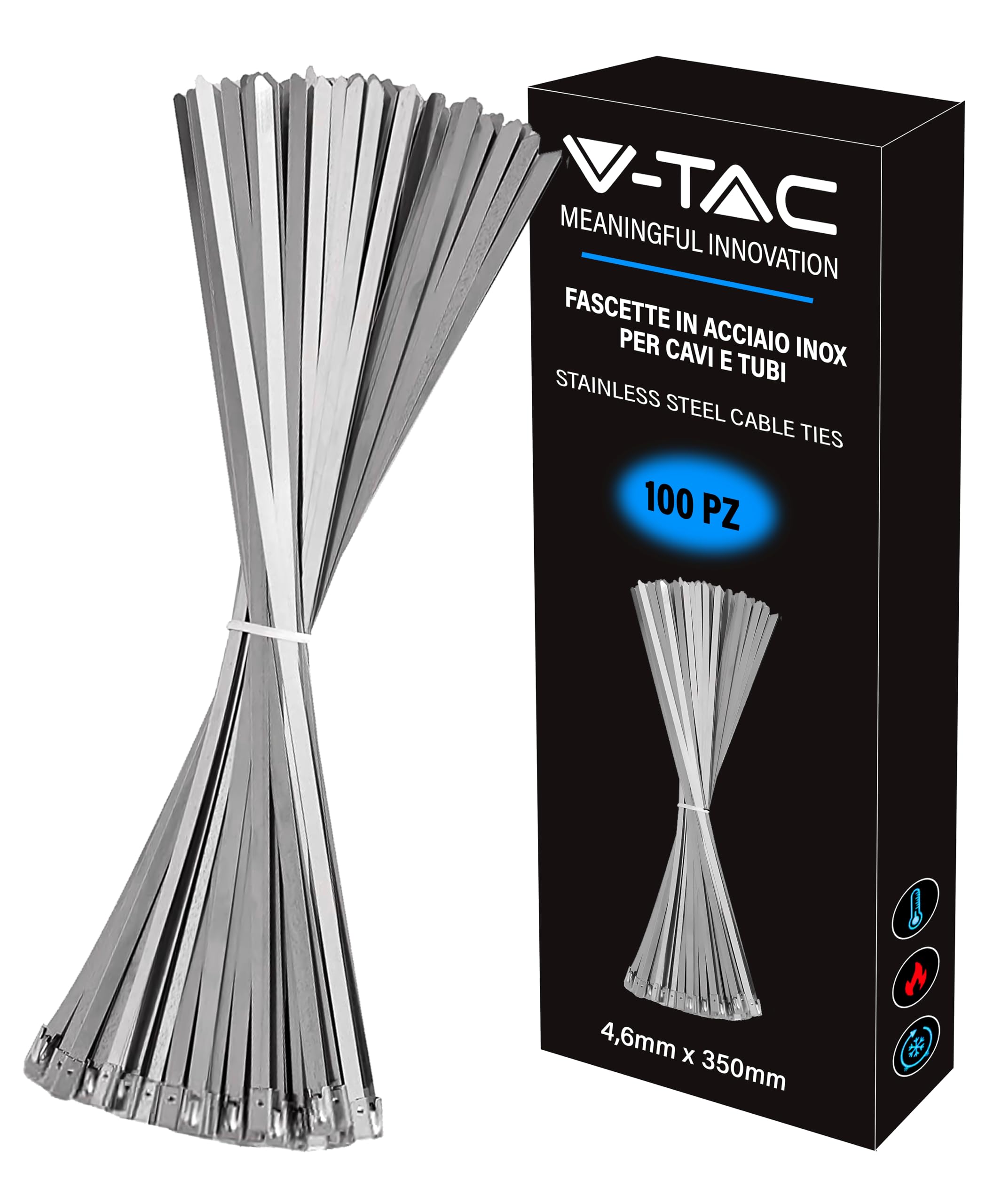 V-TAC Fascette in Acciao Inox per Cavi misura 4.6 mm x 350 mm - Confezione 100 Pezzi - Fascette per Cablaggio Multiuso - Stringicavo Portacavi Fermacavi per Elettricista, Meccanico, Tubi in Ferro