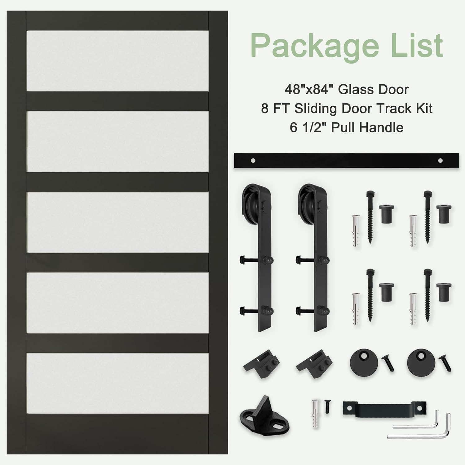 48in x 84in Glass Sliding Barn Door with 8FT Barn Doors and Hardware Included, 5-Panel Frosted Glass, Water-Resistant PVC Coating, Pre-Drilled Easy Assembly, Black, Fit Opening 45''-47'' x 82''