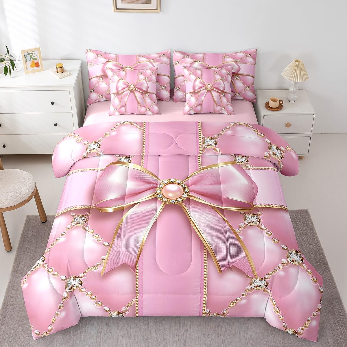 Erosebridal Pink Kawaii Bow Girls Bedding Set Dreamy Princess Bowknot Bed in A Bag for Kids Teen Adults Bedroom,Luxurious Aesthetic Bow Full Comforter Set 7 Piece Diamond Butterfly Knot Bed Set
