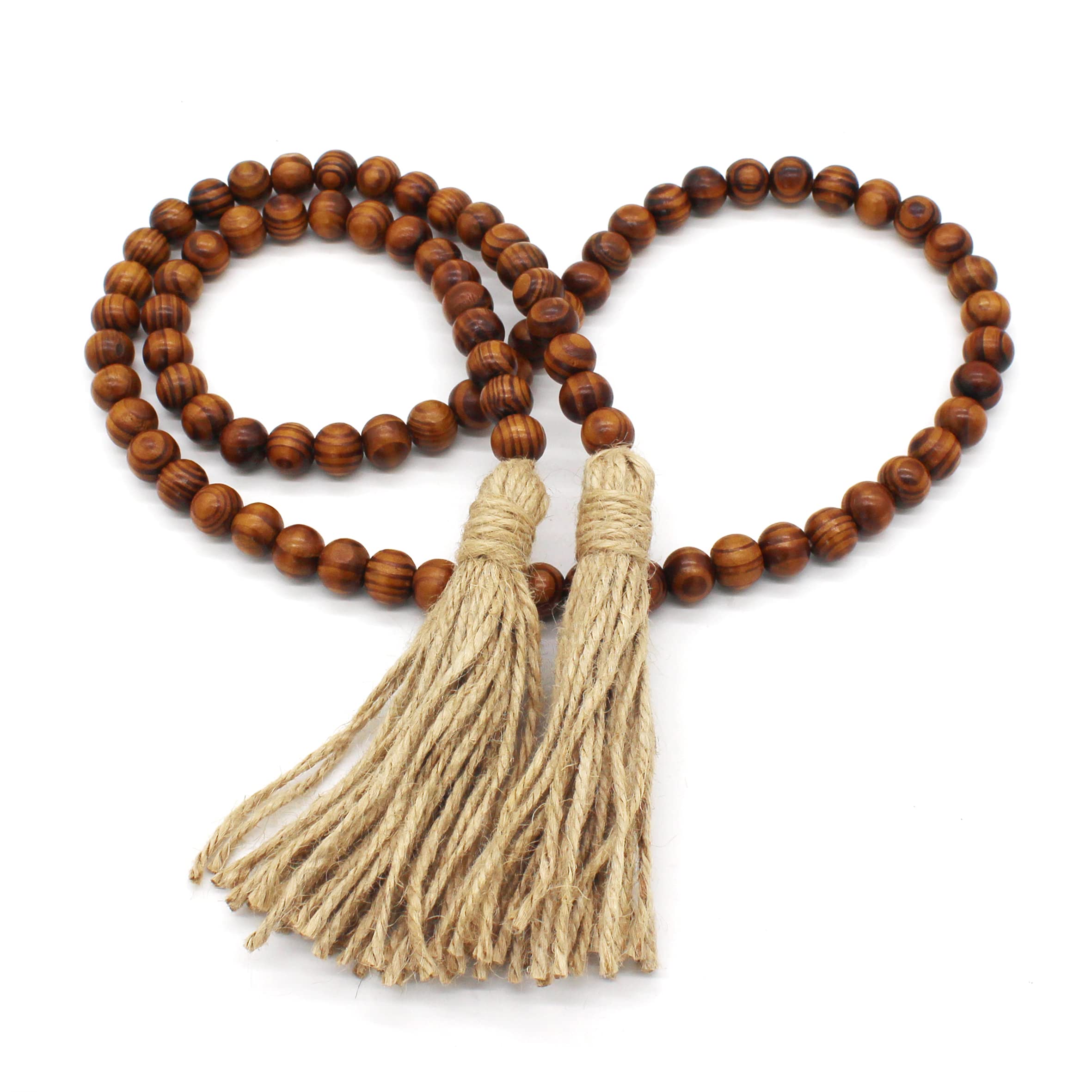 CVHOMEDECO. Wood Grain Beads Garland with Tassels Farmhouse Rustic Wooden Prayer Bead String Wall Hanging Accent for Home Festival Decor. Dark Tan