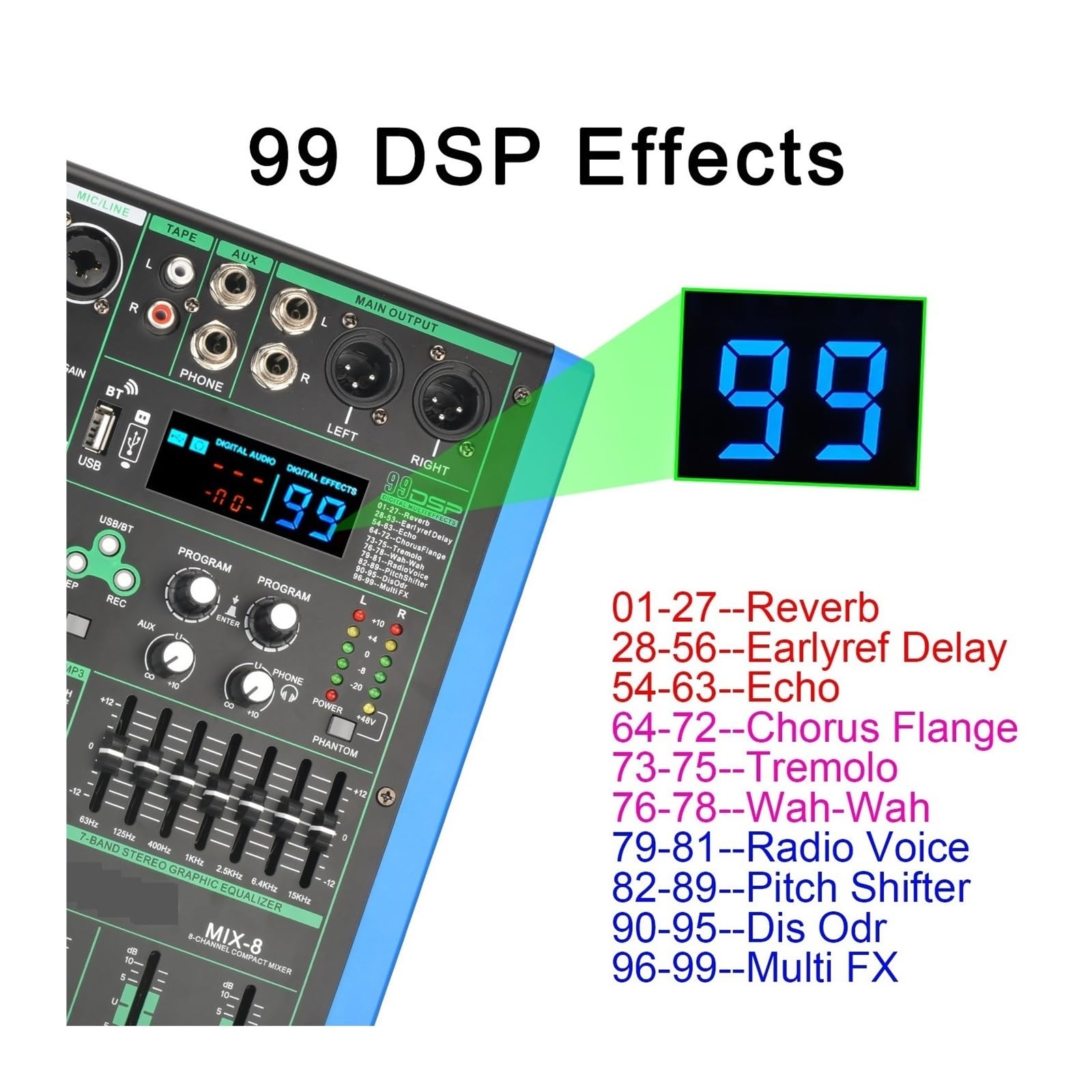 Mixer audio, 8 CH Stereo Mixing Console USB PC Play Registrazione Suono Audio Mixer 7 Band EQ Dj Controller Tavolo for KTV