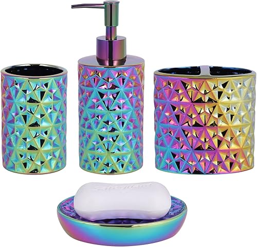 Juego de accesorios de baño colorido de 4 piezas, dispensador de jabón y loción, jabonera, soporte para cepillo de dientes, vaso, organizador de