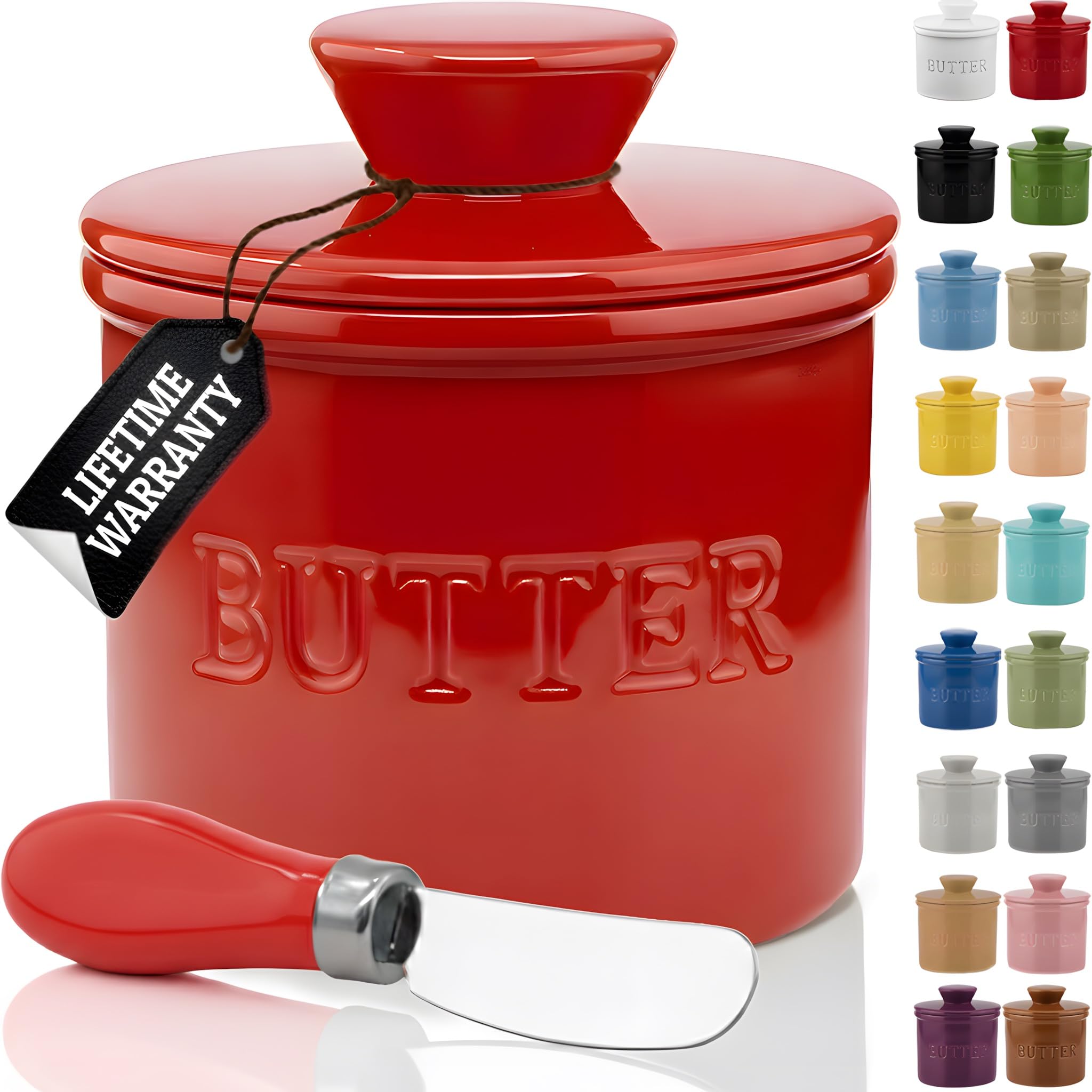 PriorityChef French Butter Crock for Counter, Butter Keeper With Water Line for Fresh Spreadable Butter, Farmhouse Style Ceramic Butter Keeper for Countertop, Holds 1 Stick, Red