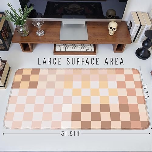 Miniatura 6 de Tapete de escritorio bohemio a cuadros, color beige, XXL, bohemio, retro, grande, con bordes cosidos, alfombrilla de mouse para computadora,
