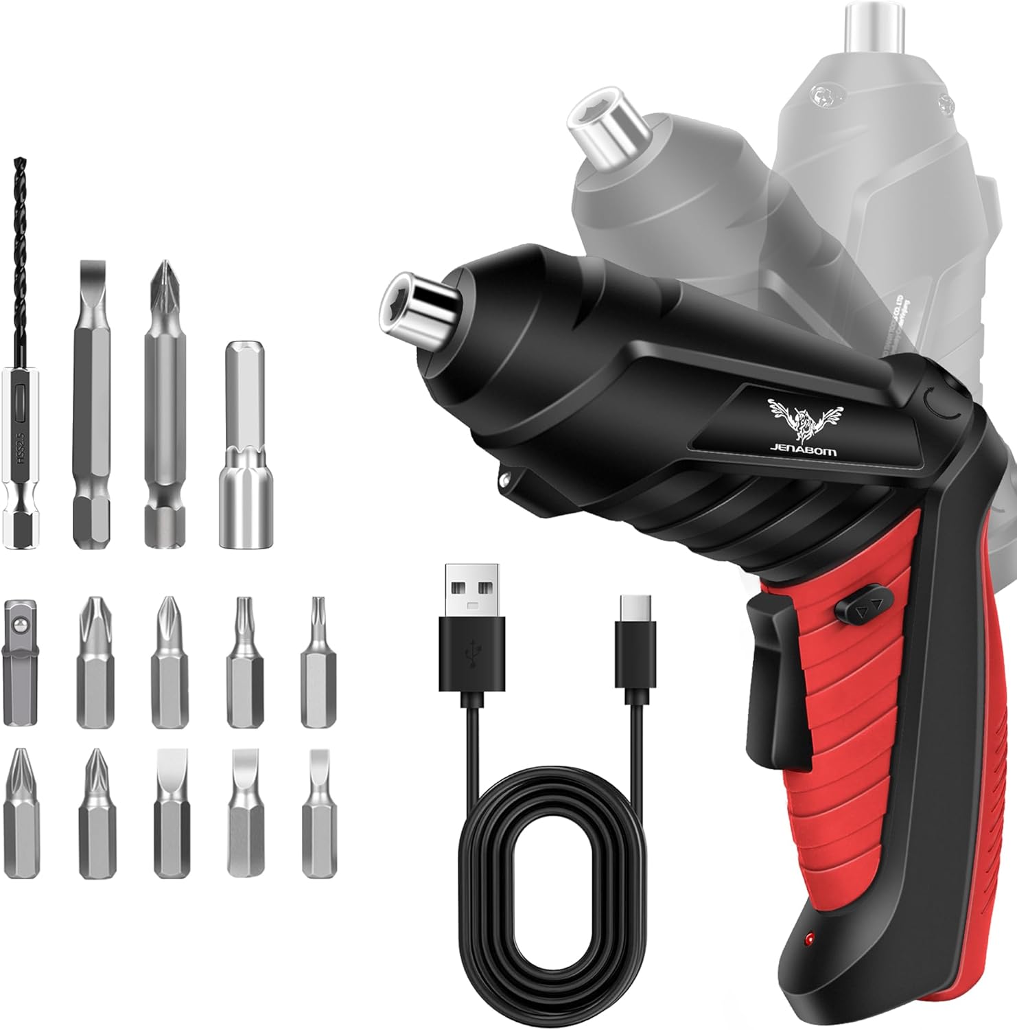 JENABOM 14 in 1 Electric Screwdriver Cordless 3.6V Small Power Drill Set 3Nm Max Torque Rotatable Electric Screwdriver with LED Light Home Improvement & Furniture Assembly (Red)