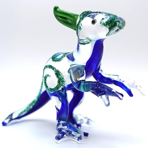 Parasaurolophus - Figuras pequeñas de dinosaurio pintadas a mano con vidrio soplado, animales, regalo coleccionable para decoración del hogar (azul