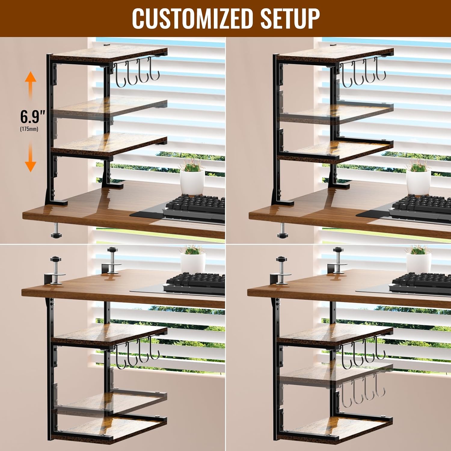 Clamp-on Desk Shelf, 13 inch Above or Below Desk 2-Tier Shelving, Adjustable Metal Storage Tray for Gaming Devices or Office Desk Accessories and More, Brown, Patent Pending image 4 of 6 B0D8SDV9YG