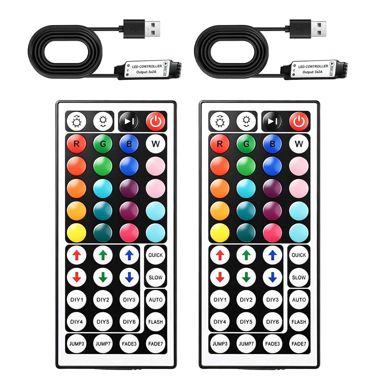 44 Key Wireless LED Remote Controller, Replacement 2 Pack DC 5V IR LED Remote Controler 1m USB Powered Adjustable Brightness 20 Colors 6 Lighting Patterns for 5050 3528 2835 RGB Strip Light
